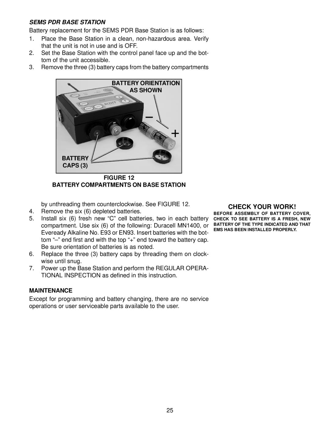 Scott 3, 4.5, 2.2 manual Battery Orientation AS Shown, Battery Compartments on Base Station, Maintenance 