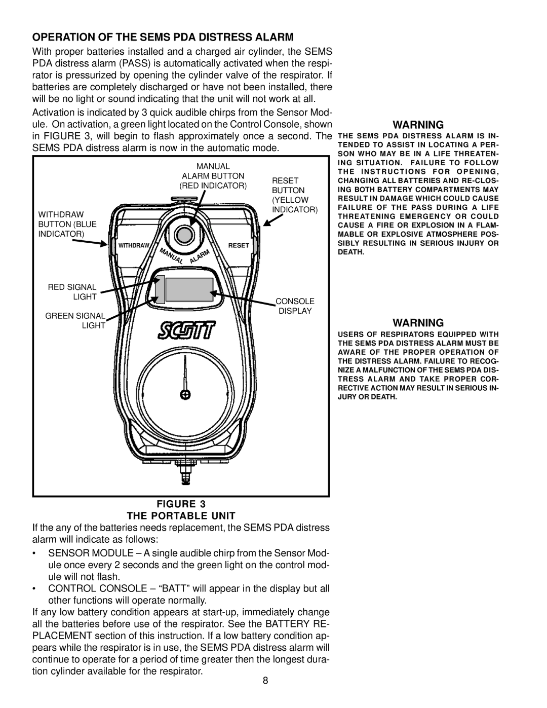 Scott 2.2, 4.5, 3 manual Operation of the Sems PDA Distress Alarm, Portable Unit 