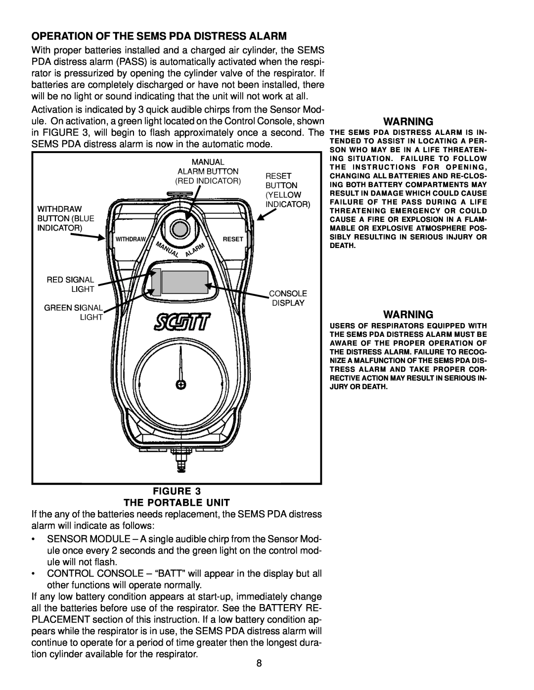 Scott 2.2, 4.5, 3 manual Operation Of The Sems Pda Distress Alarm, The Portable Unit 