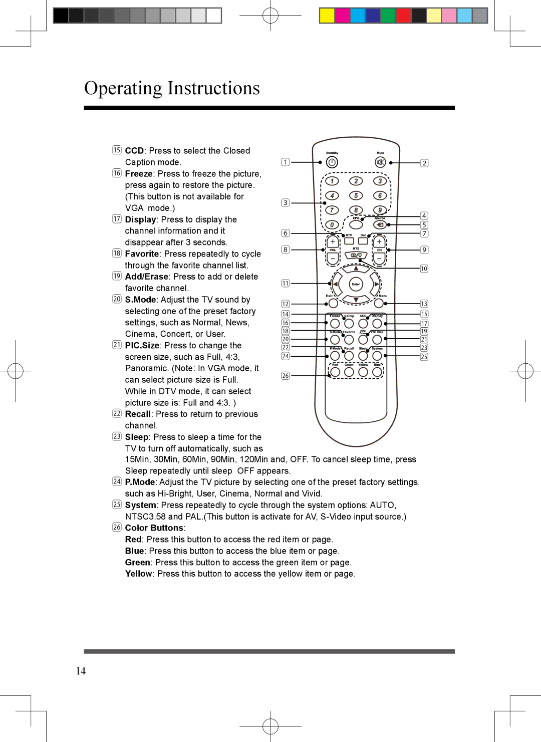 Scott LCT37SHA manual  Color Buttons 