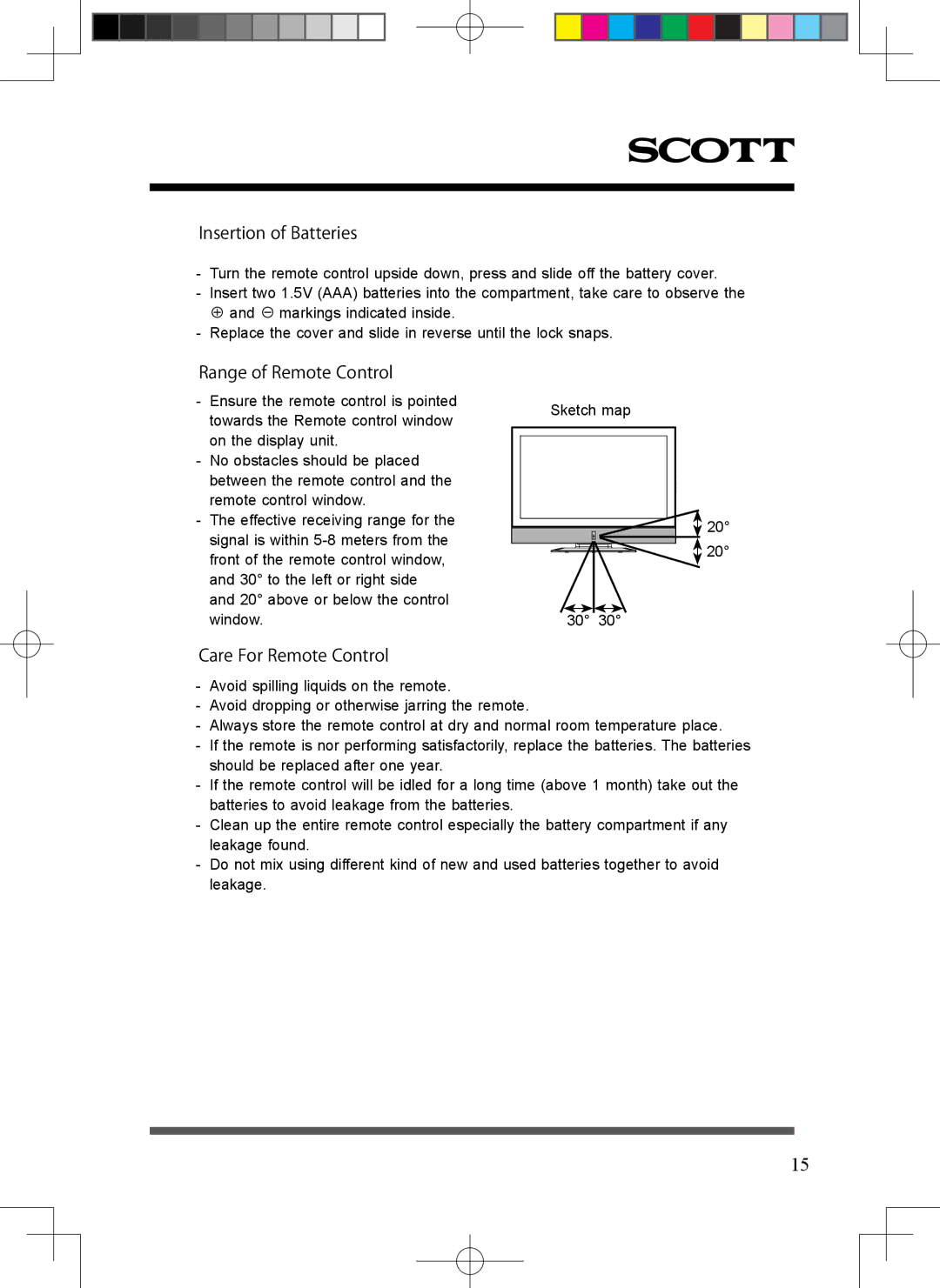 Scott LCT37SHA manual Insertion of Batteries, Range of Remote Control, Care For Remote Control 