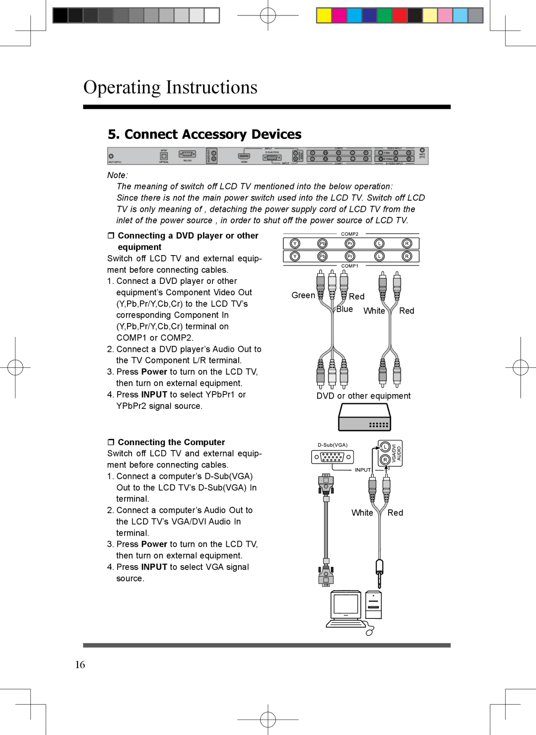 Scott LCT37SHA manual Connect Accessory Devices,  Connecting a DVD player or other equipment,  Connecting the Computer 