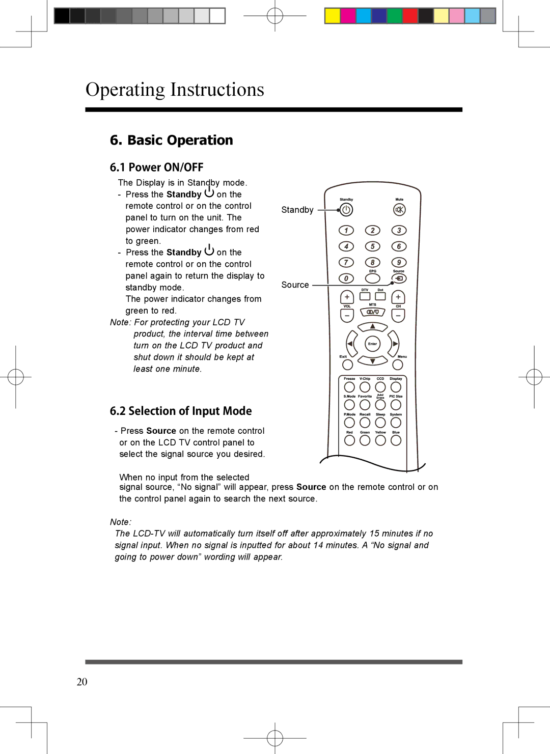 Scott LCT37SHA manual Basic Operation, Power ON/OFF, Selection of Input Mode 