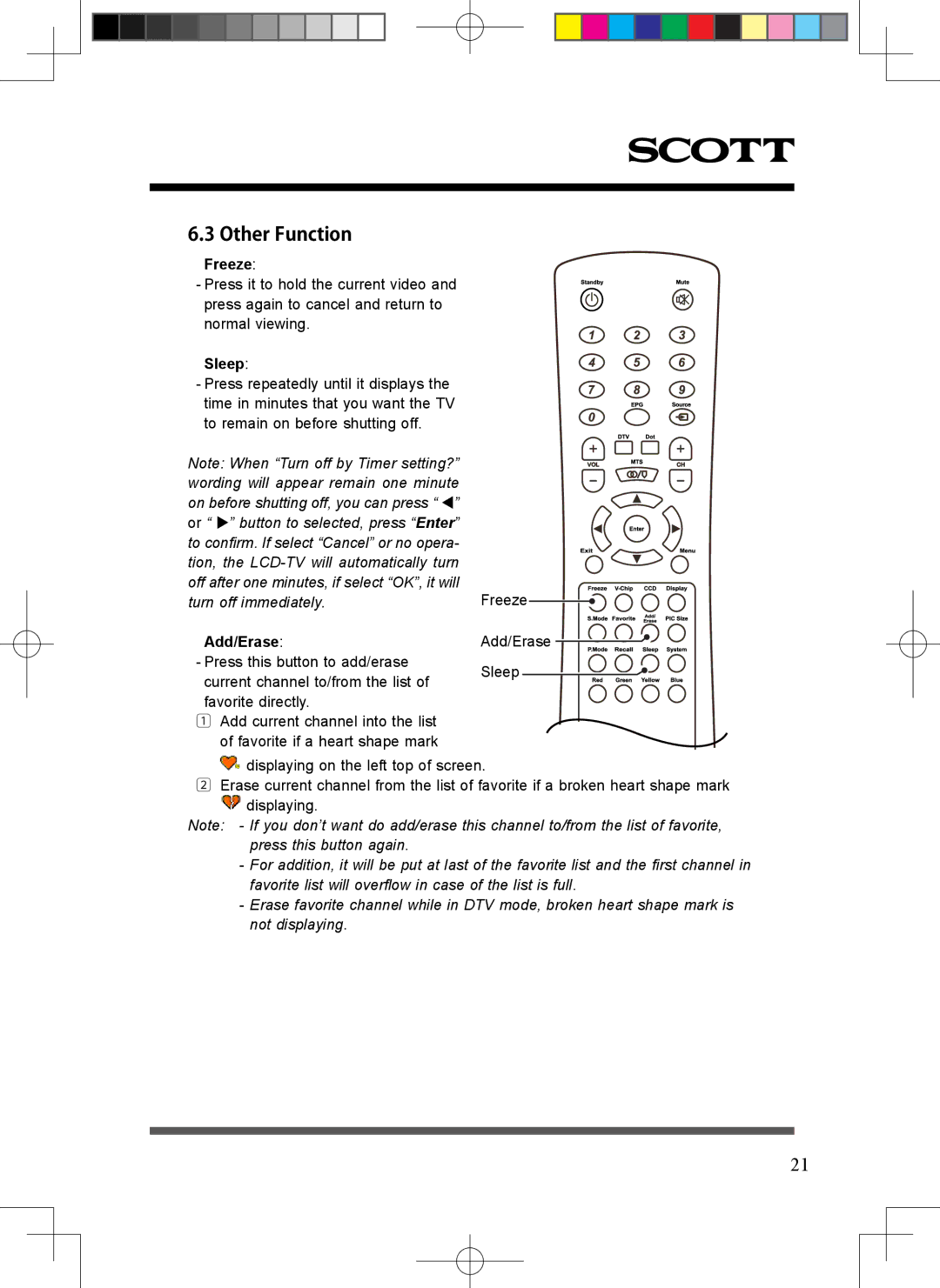 Scott LCT37SHA manual Other Function, Freeze, Sleep, Add/Erase 