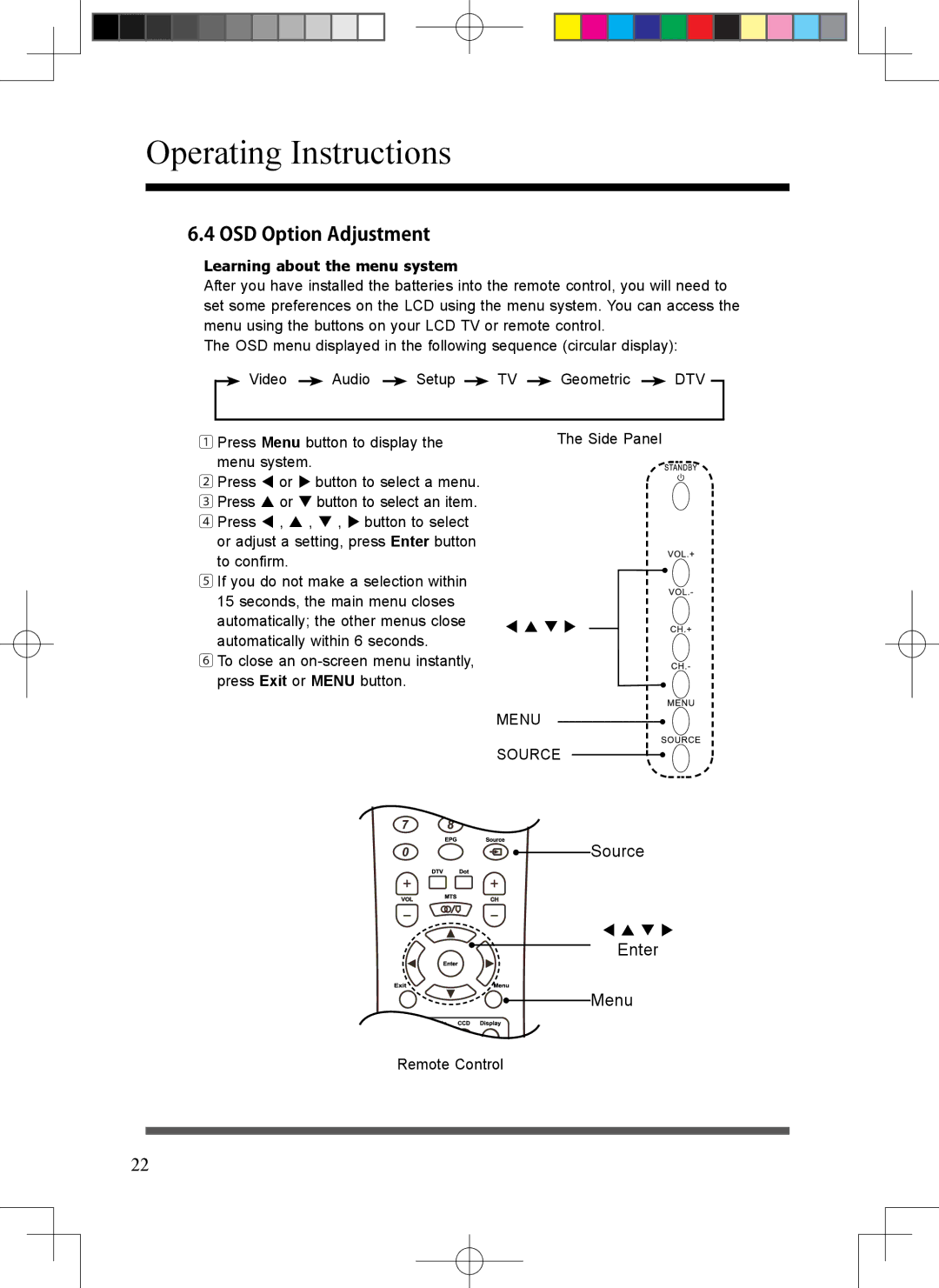 Scott LCT37SHA manual OSD Option Adjustment, Source, Enter Menu 