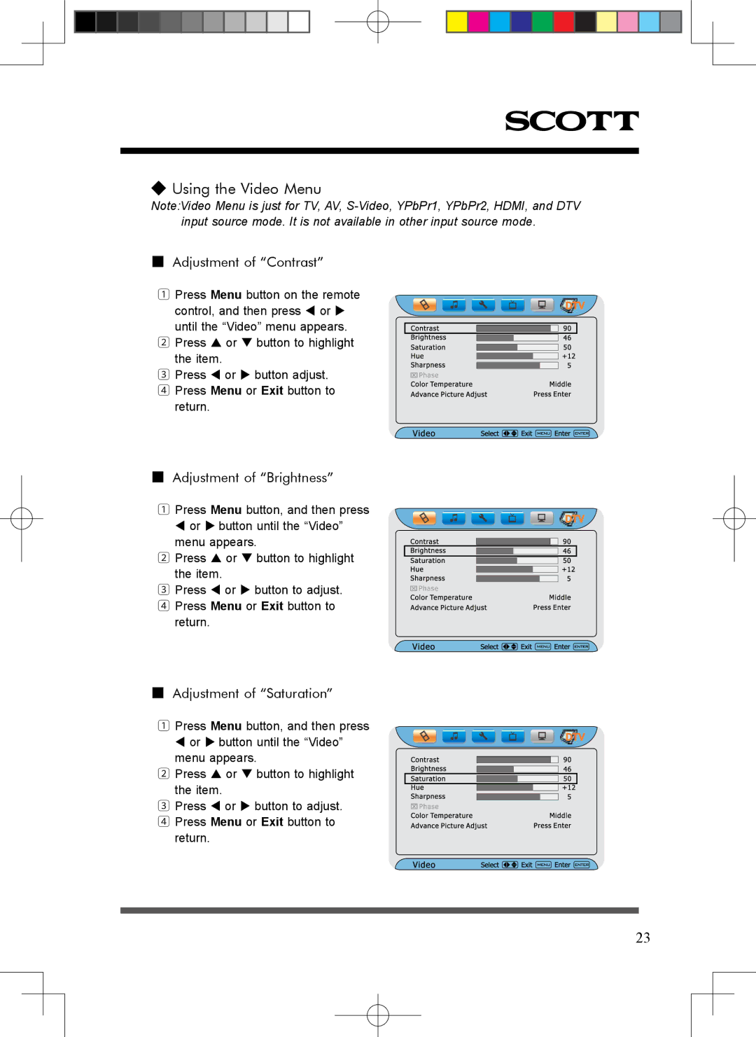 Scott LCT37SHA manual Using the Video Menu, Adjustment of Contrast, Adjustment of Brightness, Adjustment of Saturation 