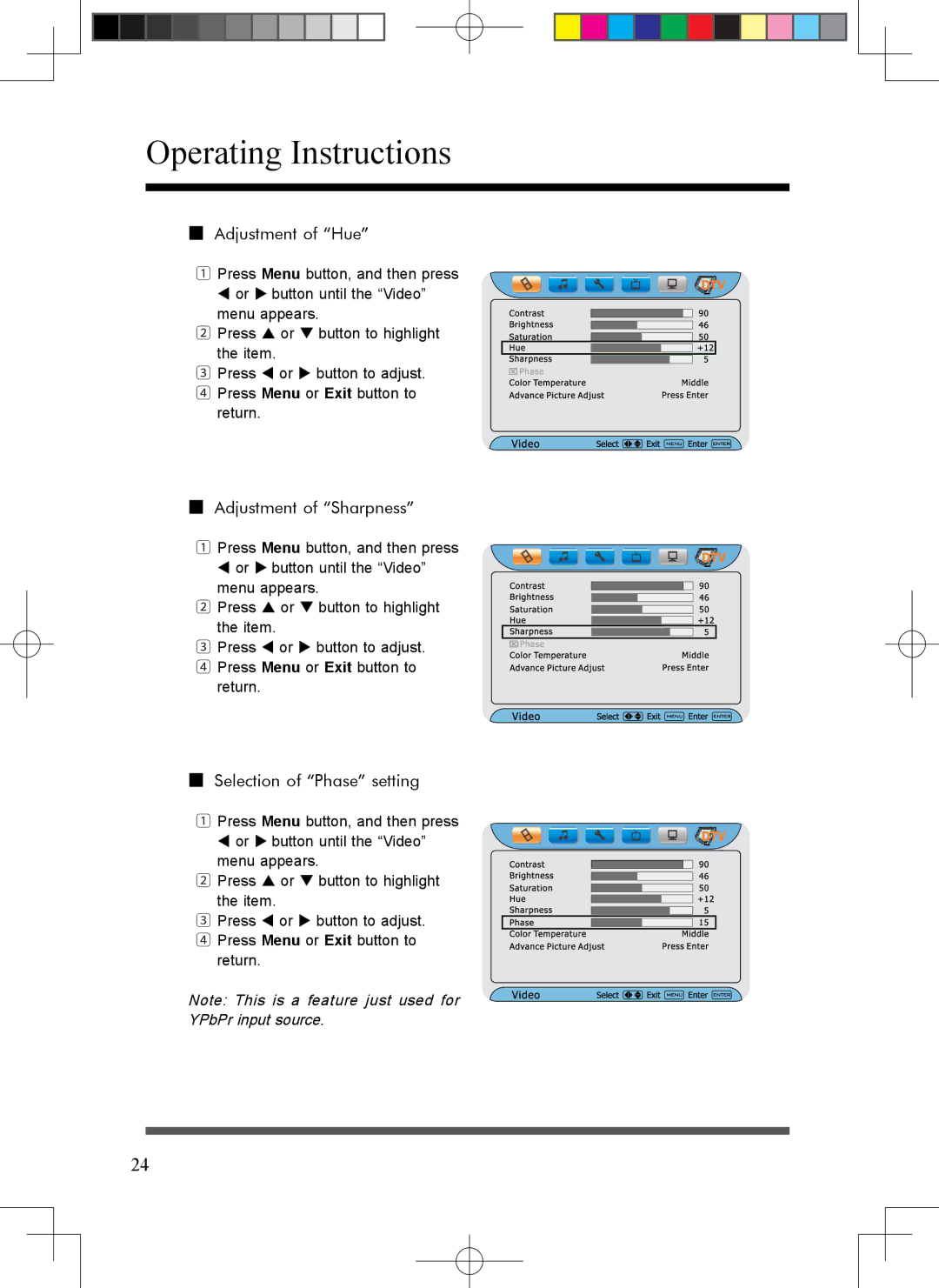 Scott LCT37SHA manual Adjustment of Hue, Adjustment of Sharpness, Selection of Phase setting 