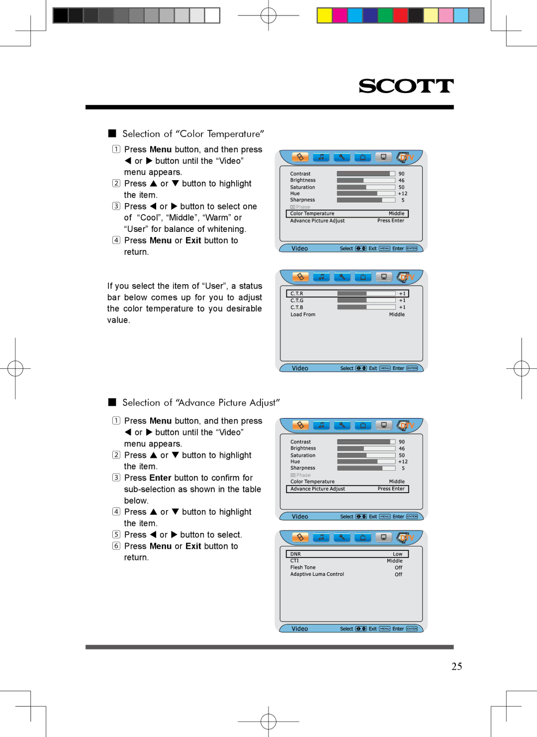 Scott LCT37SHA manual Selection of Color Temperature, Selection of Advance Picture Adjust 