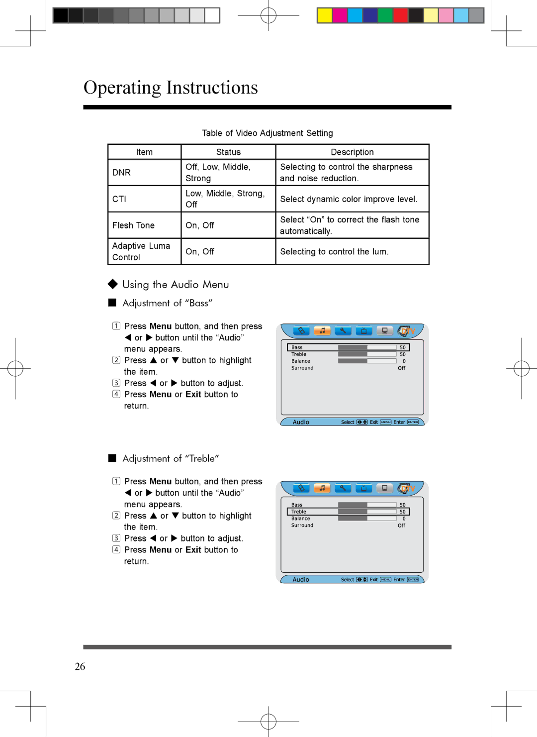 Scott LCT37SHA manual Using the Audio Menu, Adjustment of Bass, Adjustment of Treble 