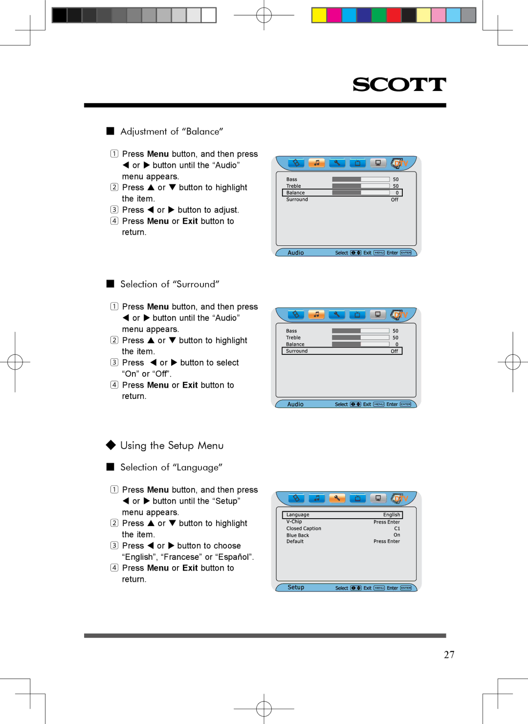 Scott LCT37SHA manual Using the Setup Menu, Adjustment of Balance, Selection of Surround, Selection of Language 