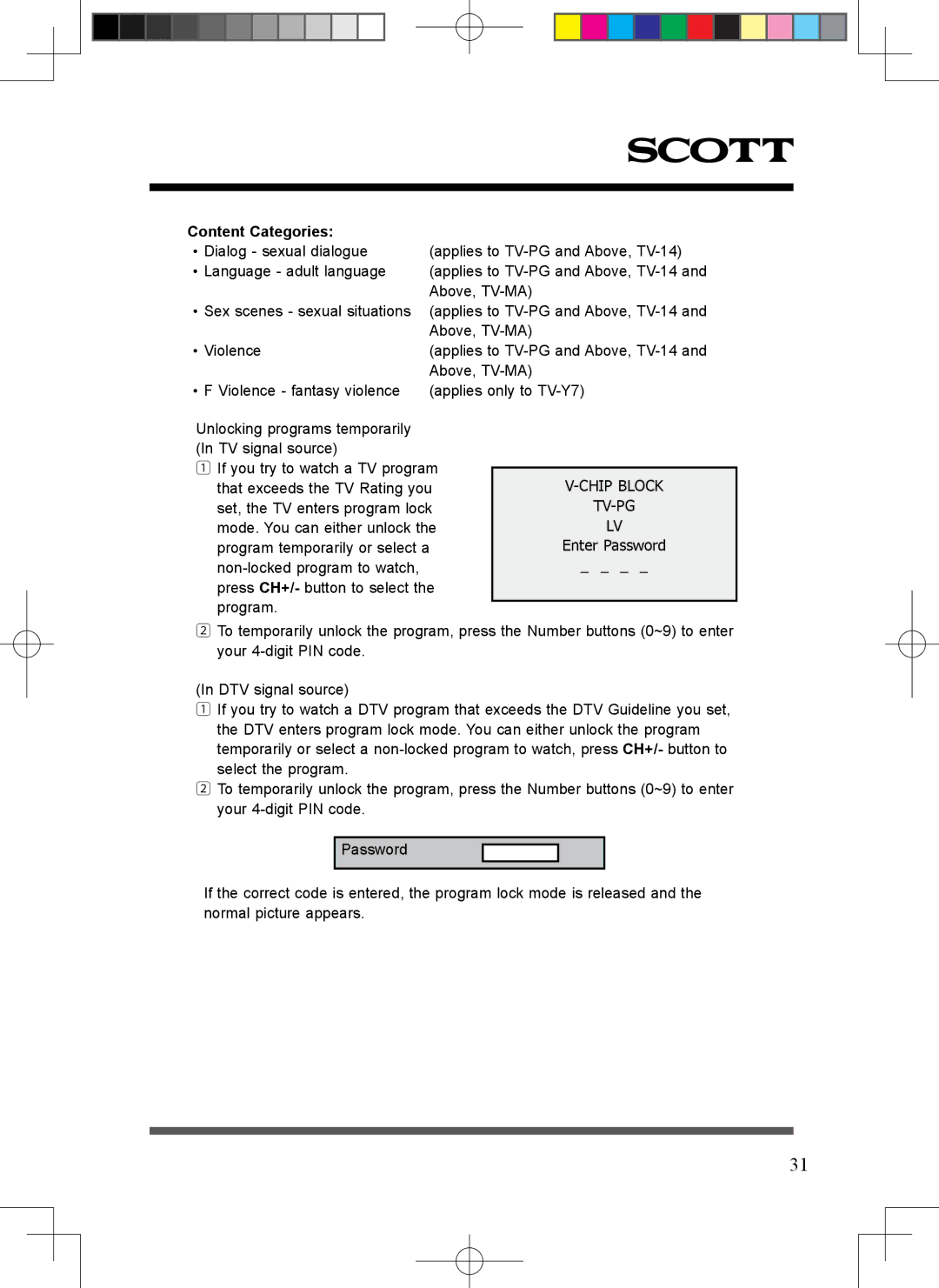 Scott LCT37SHA manual Content Categories, Chip Block TV-PG 