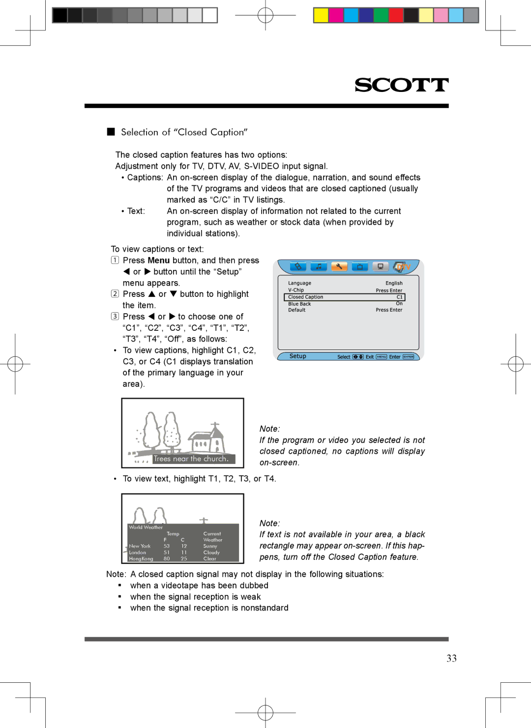 Scott LCT37SHA manual Selection of Closed Caption, On-screen 