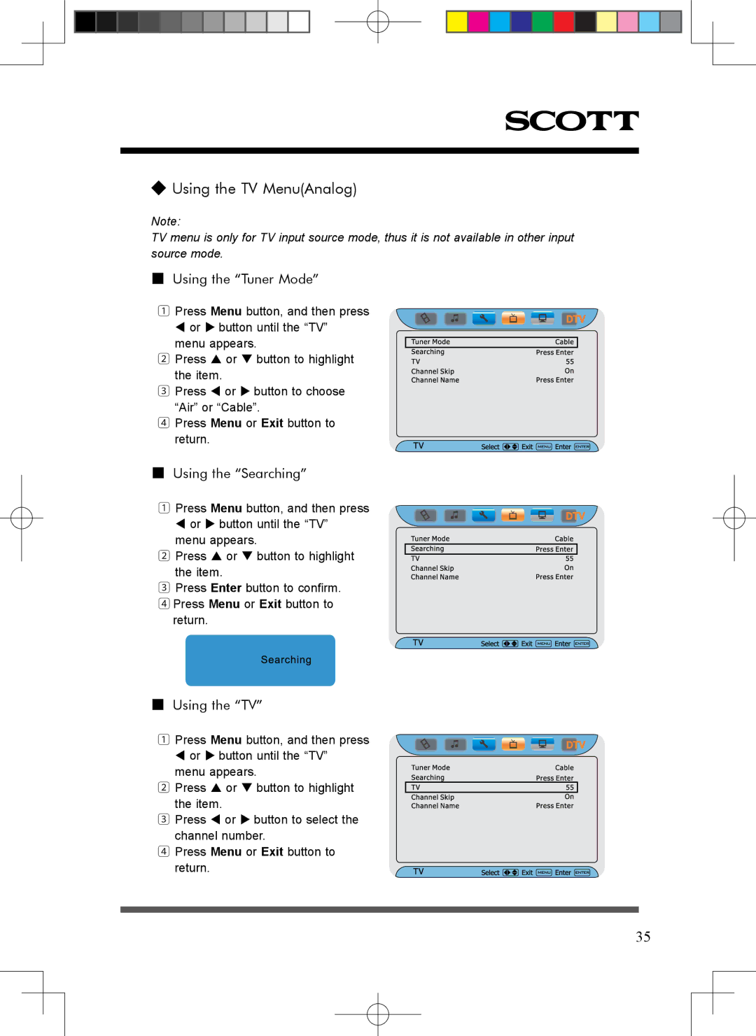 Scott LCT37SHA manual Using the TV MenuAnalog, Using the Tuner Mode, Using the Searching 