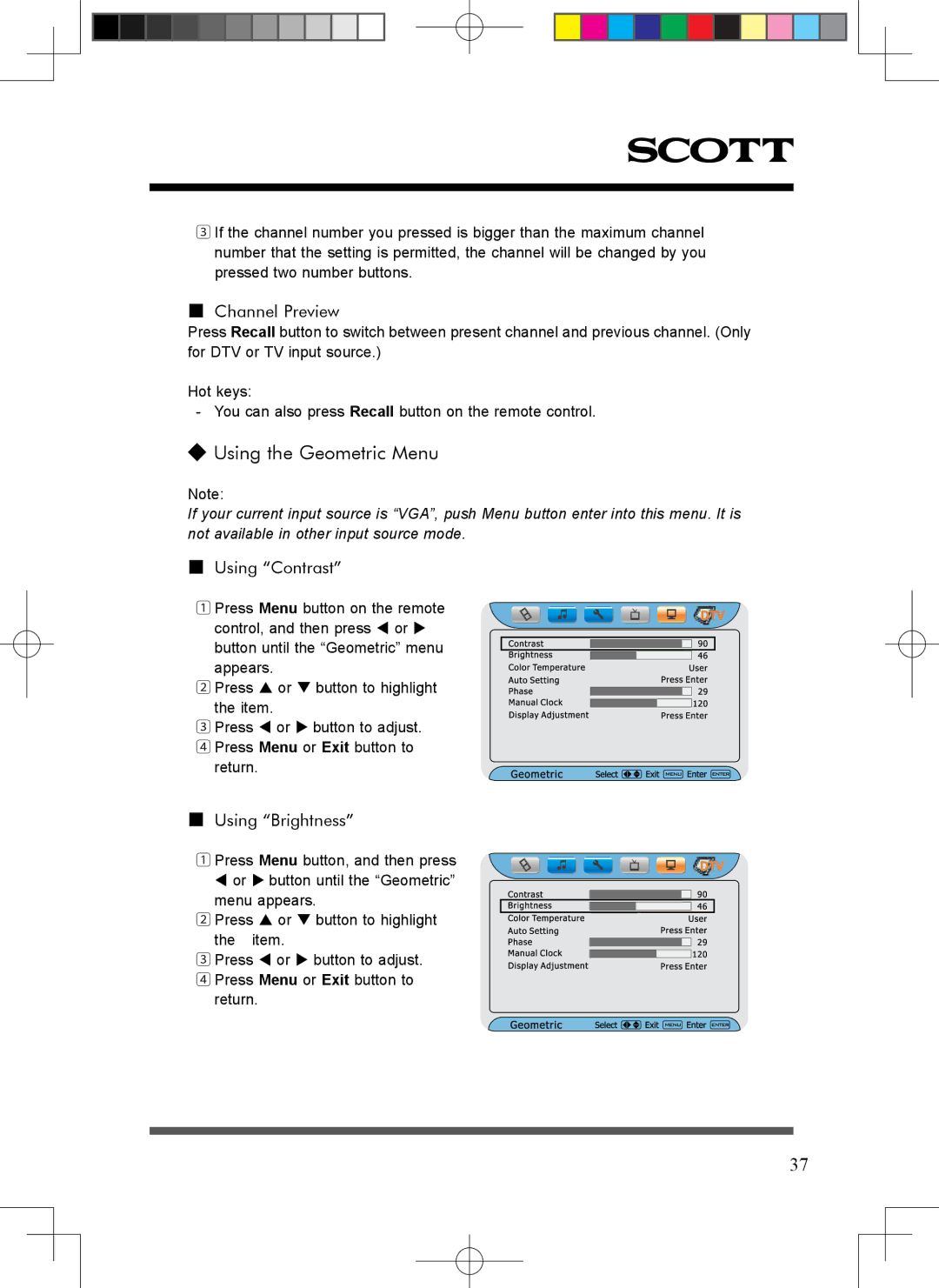 Scott LCT37SHA manual Using the Geometric Menu, Channel Preview, Using Contrast, Using Brightness 