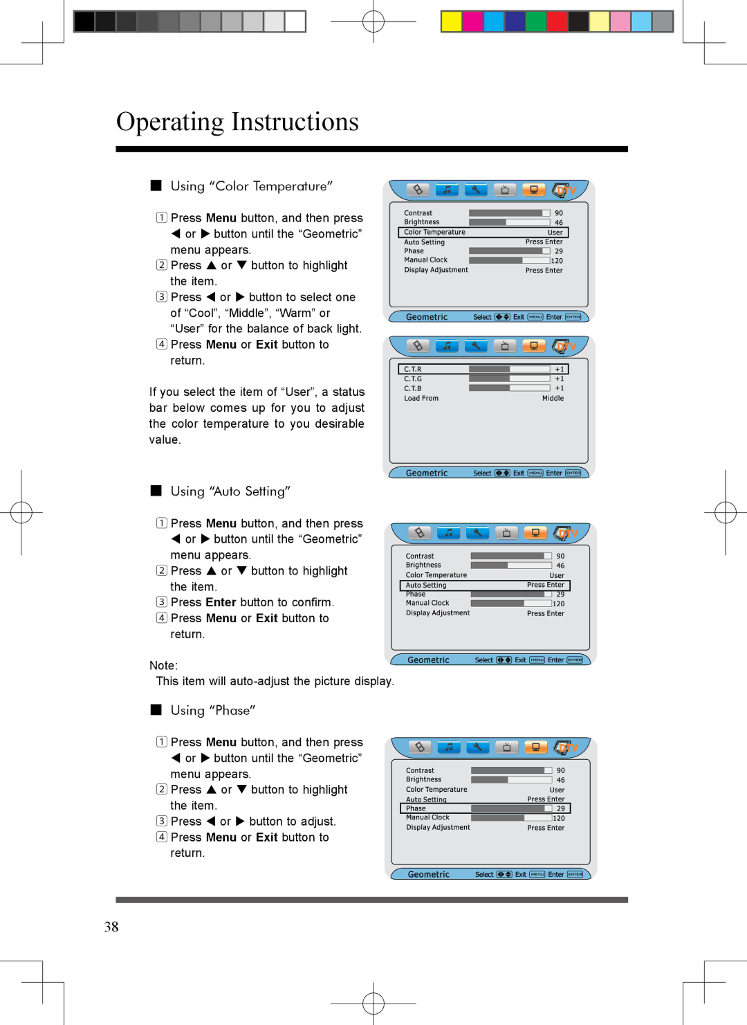 Scott LCT37SHA manual Using Color Temperature, Using Auto Setting, Using Phase 