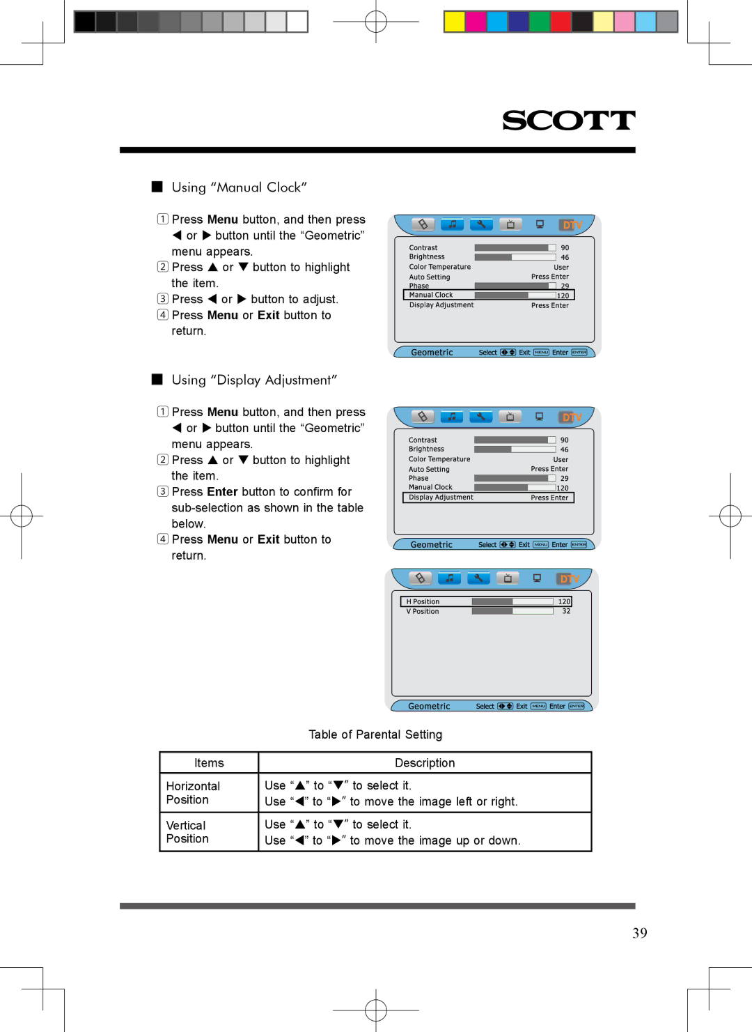 Scott LCT37SHA manual Using Manual Clock, Using Display Adjustment 