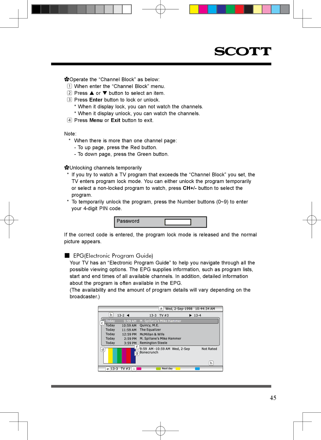 Scott LCT37SHA manual EPGElectronic Program Guide 