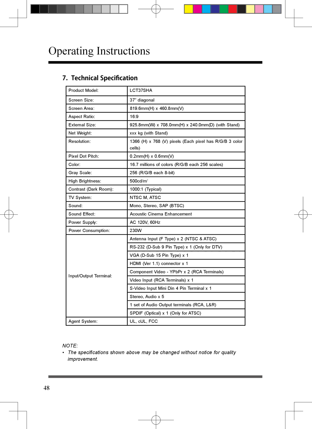 Scott LCT37SHA manual Technical Specification 