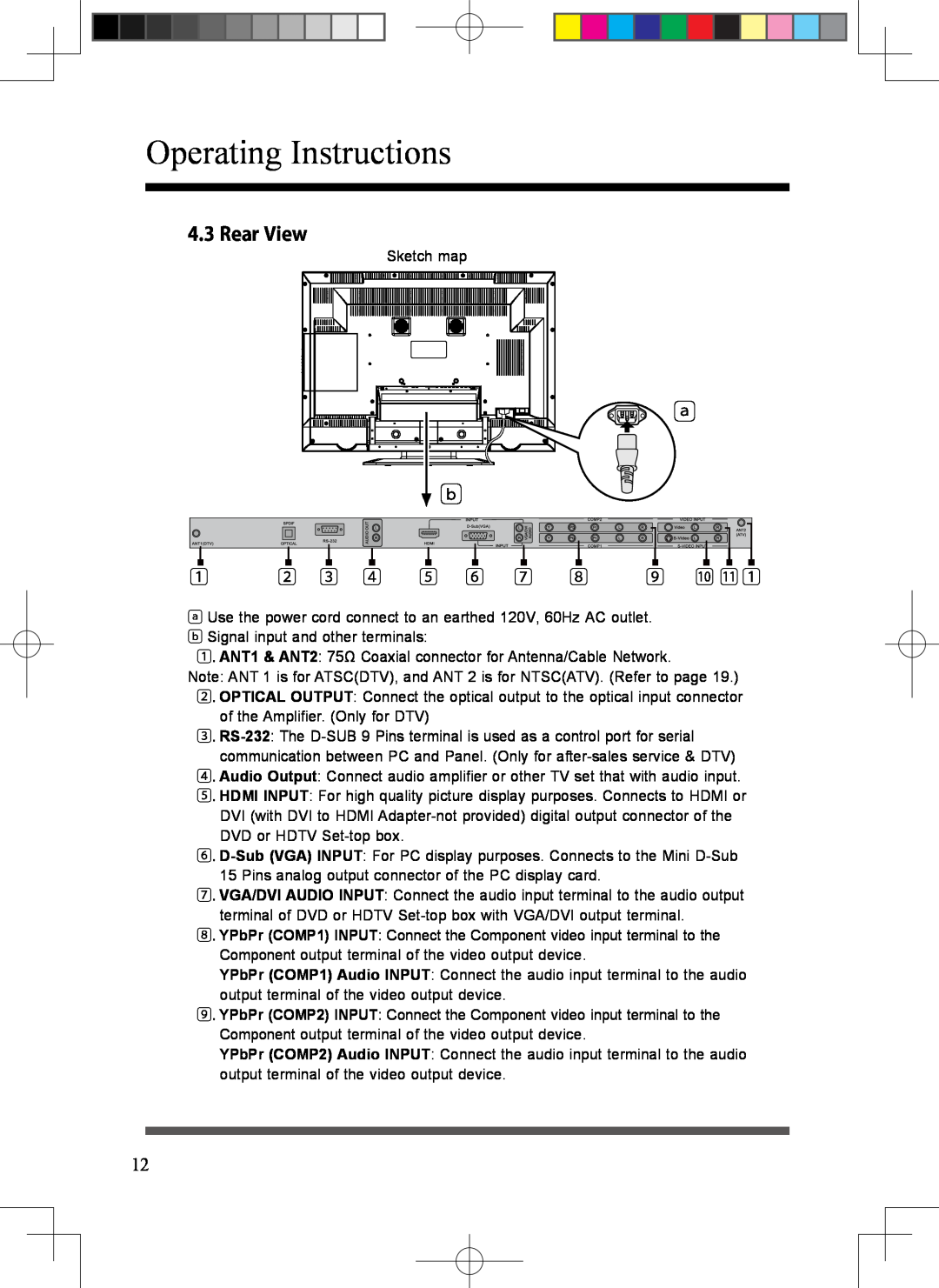 Scott LCT37SHA manual Rear View, 2 3 4 5 6 7, 9  , Operating Instructions 