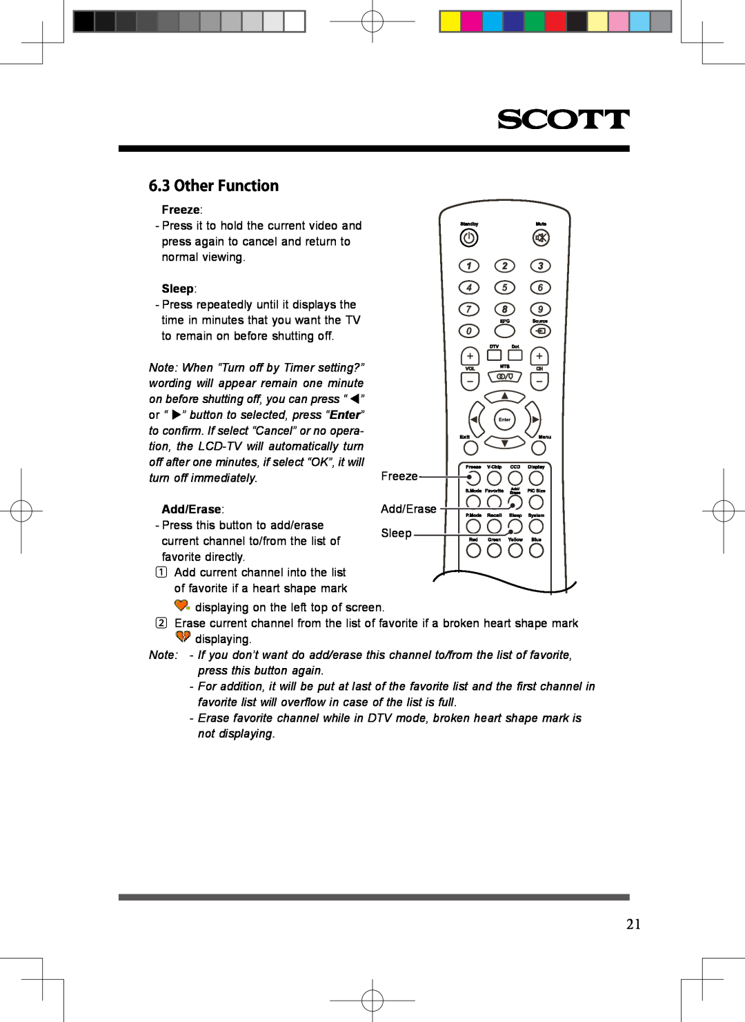 Scott LCT37SHA manual Other Function, Freeze, Sleep, Add/Erase 