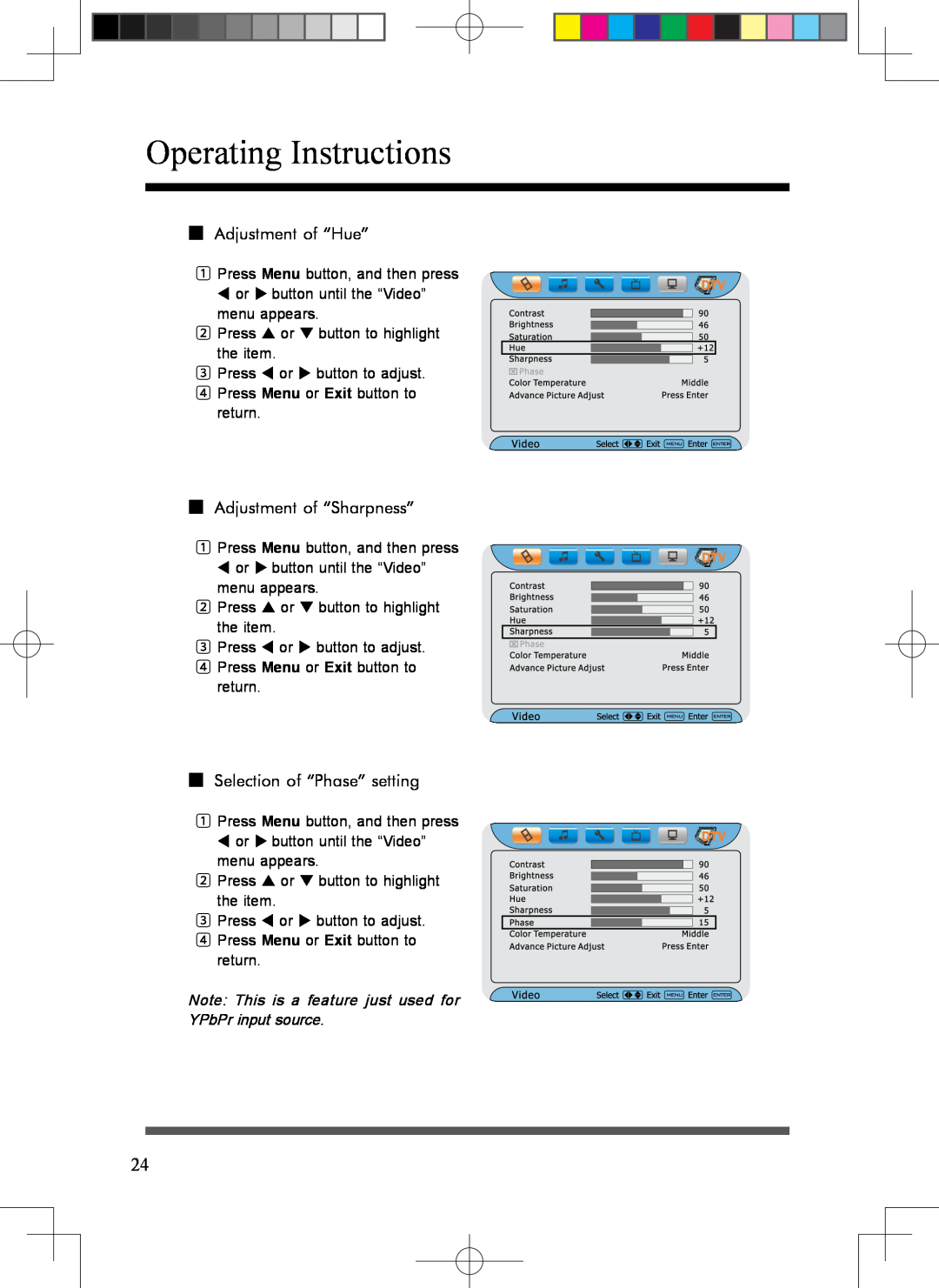 Scott LCT37SHA manual Adjustment of “Hue”, Adjustment of “Sharpness”, Selection of “Phase” setting, Operating Instructions 