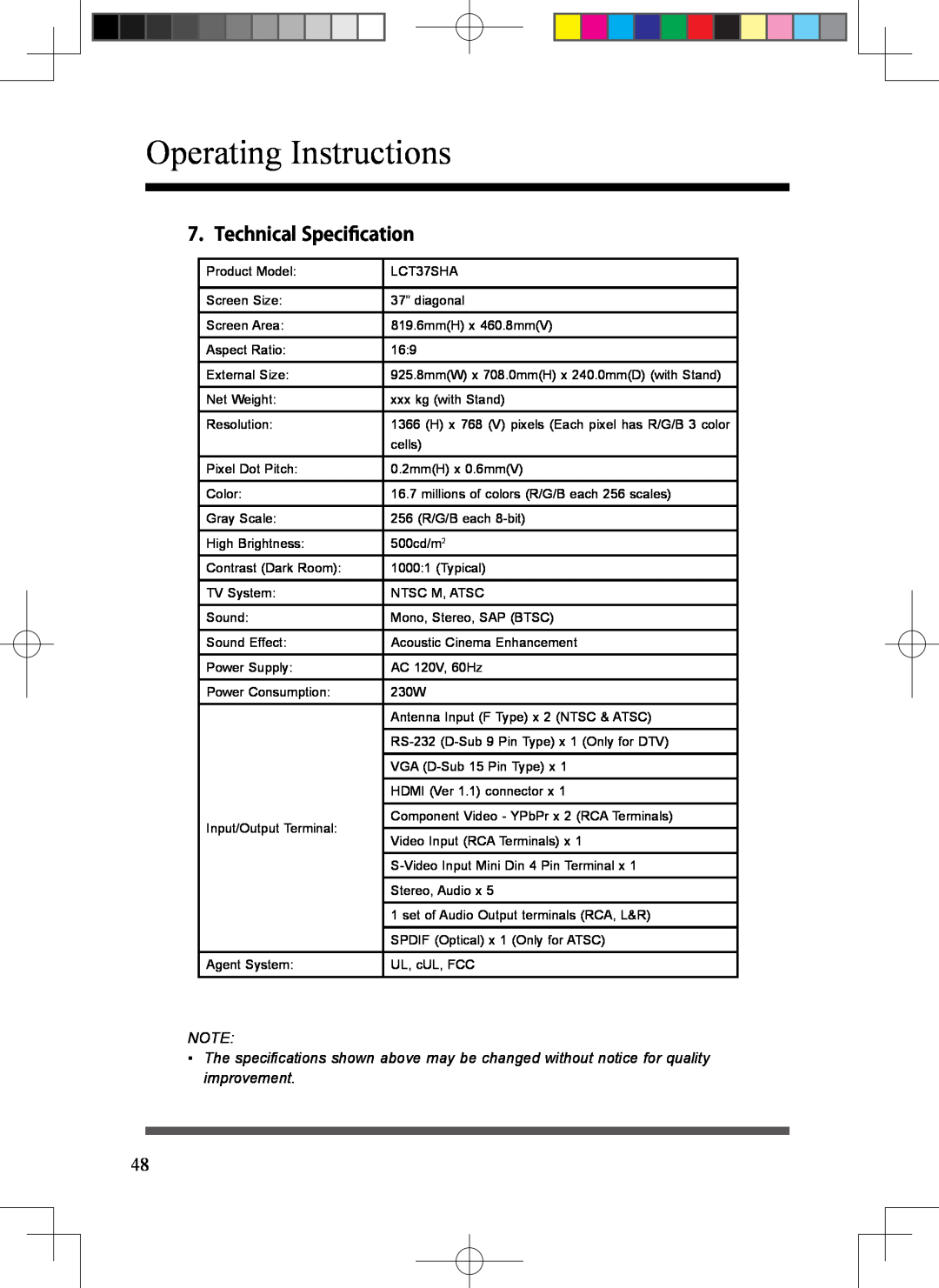Scott LCT37SHA manual Technical Specification, Operating Instructions 