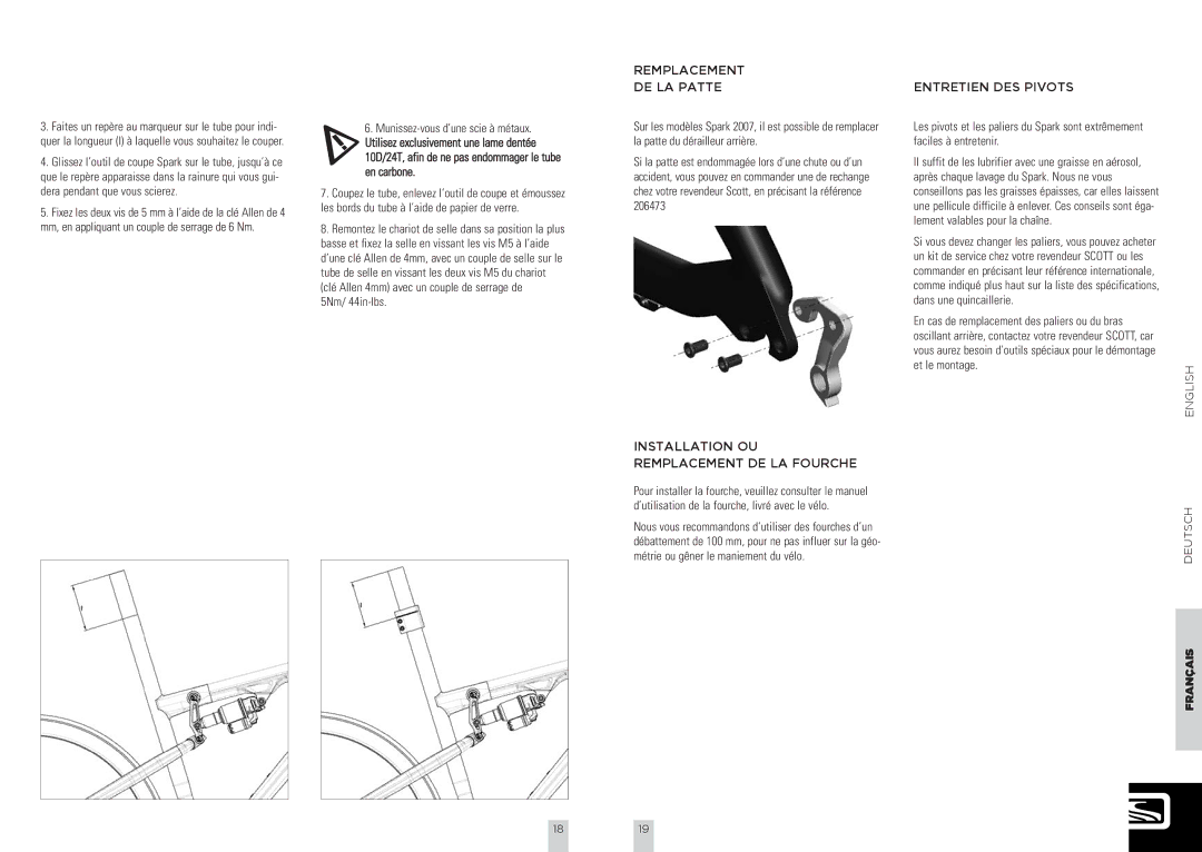 Scott Spark Bike, NF-R30-020 Remplacement DE LA Patte, Installation OU Remplacement DE LA Fourche, Entretien DES Pivots 