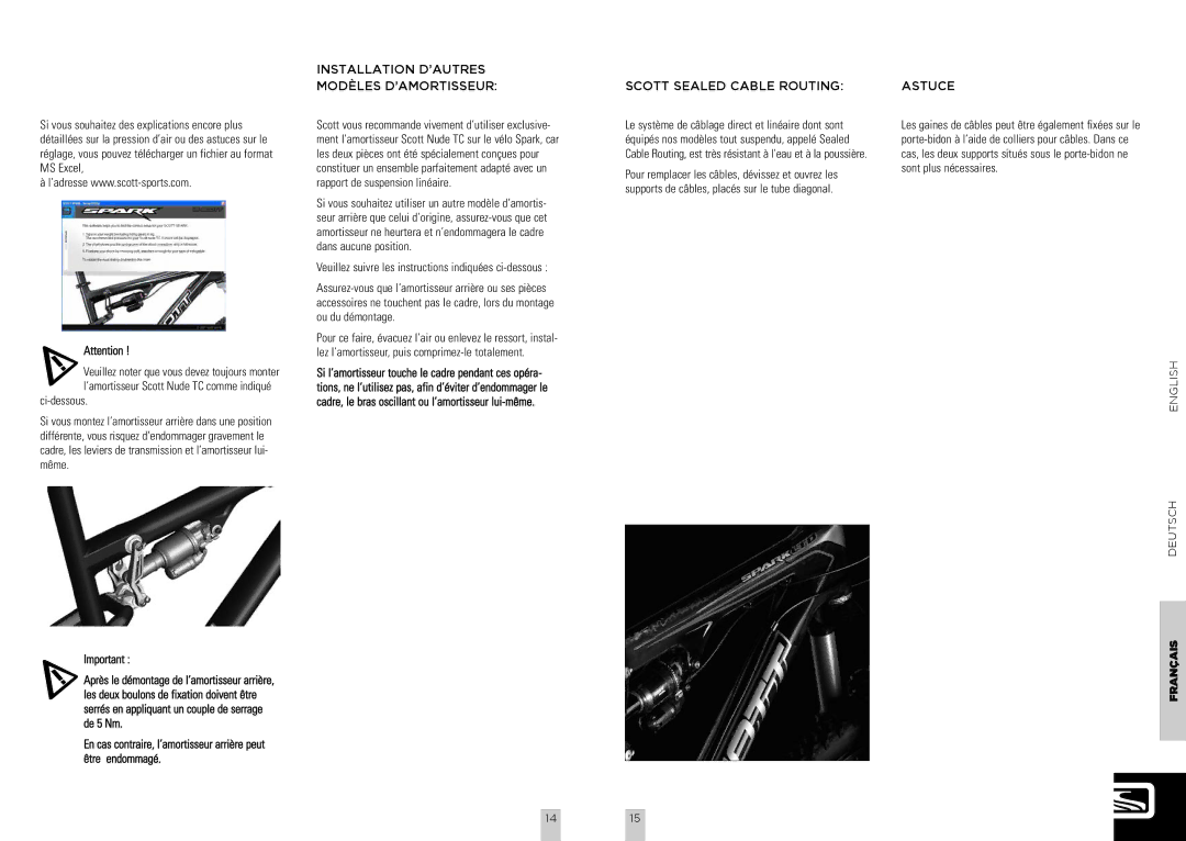 Scott Spark Bike, NF-R30-020 Installation D’AUTRES Modèles D’AMORTISSEUR, Scott Sealed Cable Routing, Astuce, 1415 