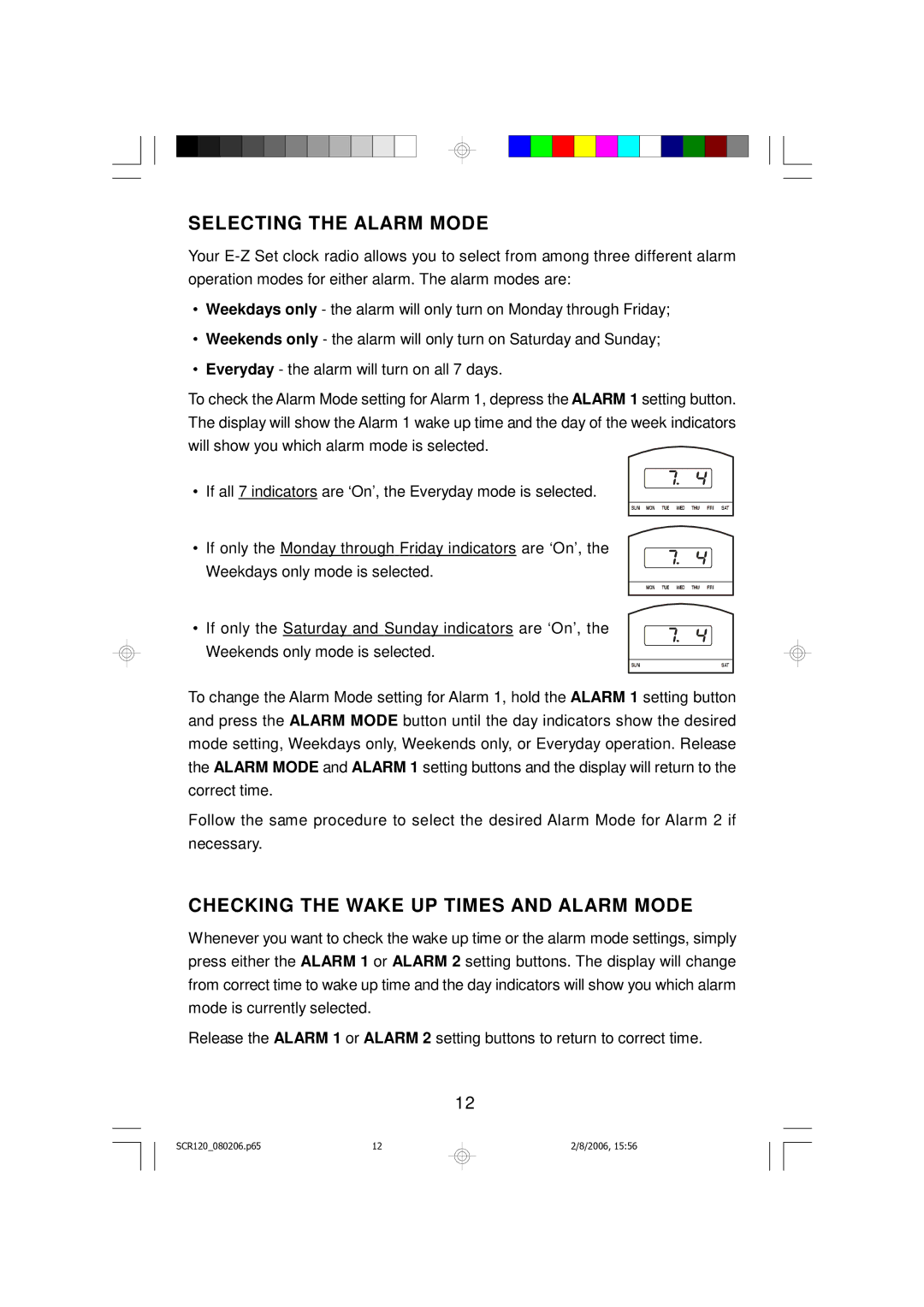 Scott SCR120 owner manual Selecting the Alarm Mode, Checking the Wake UP Times and Alarm Mode 