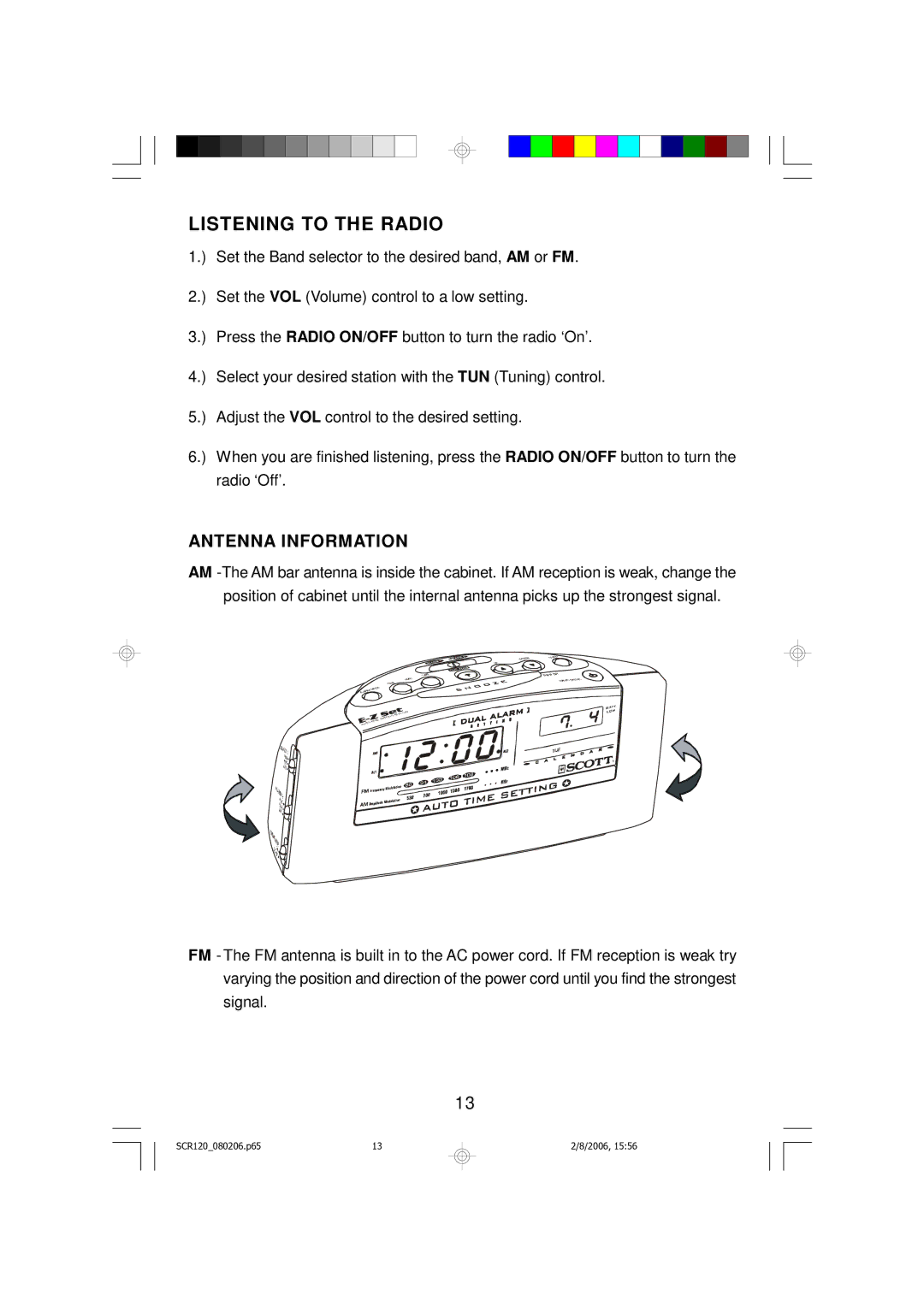 Scott SCR120 owner manual Listening to the Radio, Antenna Information 