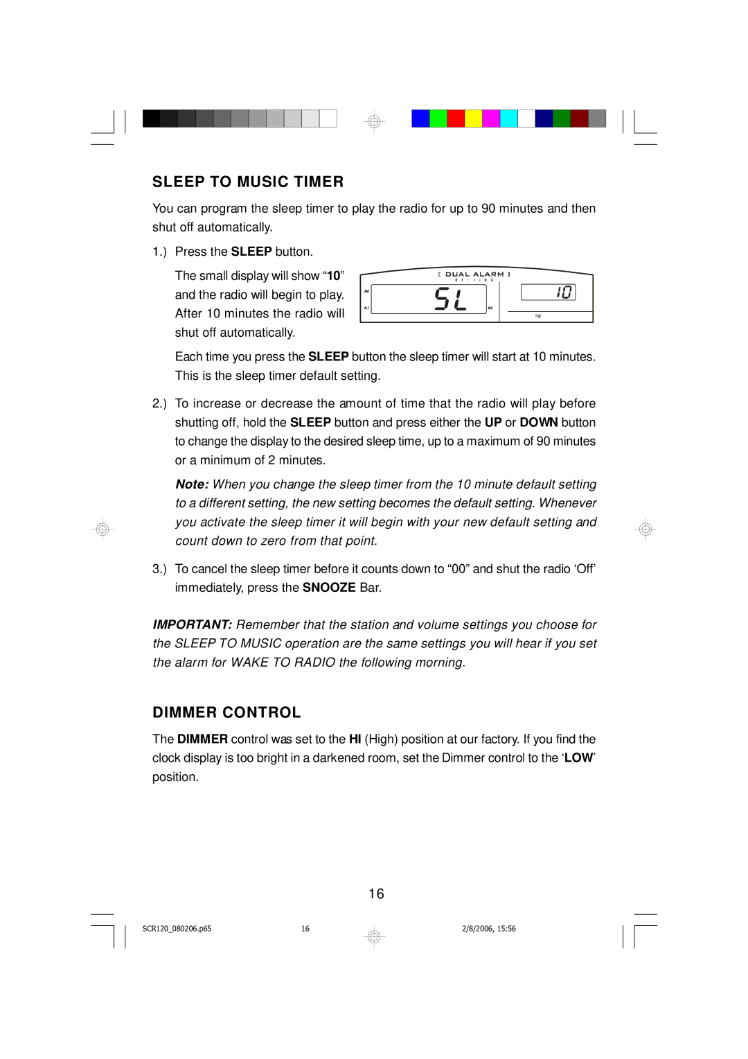 Scott SCR120 owner manual Sleep to Music Timer, Dimmer Control 