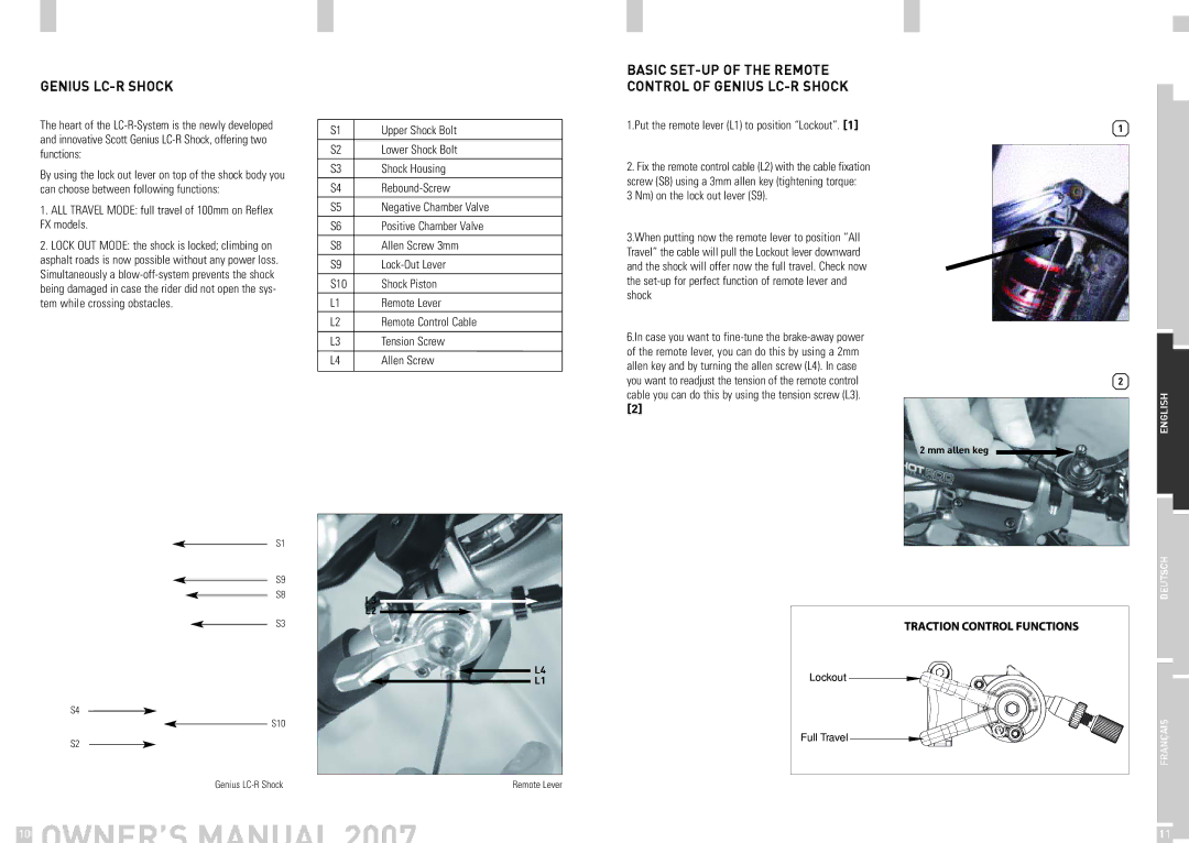 Scott TC owner manual Basic SET-UP of the Remote Control of Genius LC-R Shock, Allen Screw 3mm, Lock-Out Lever 