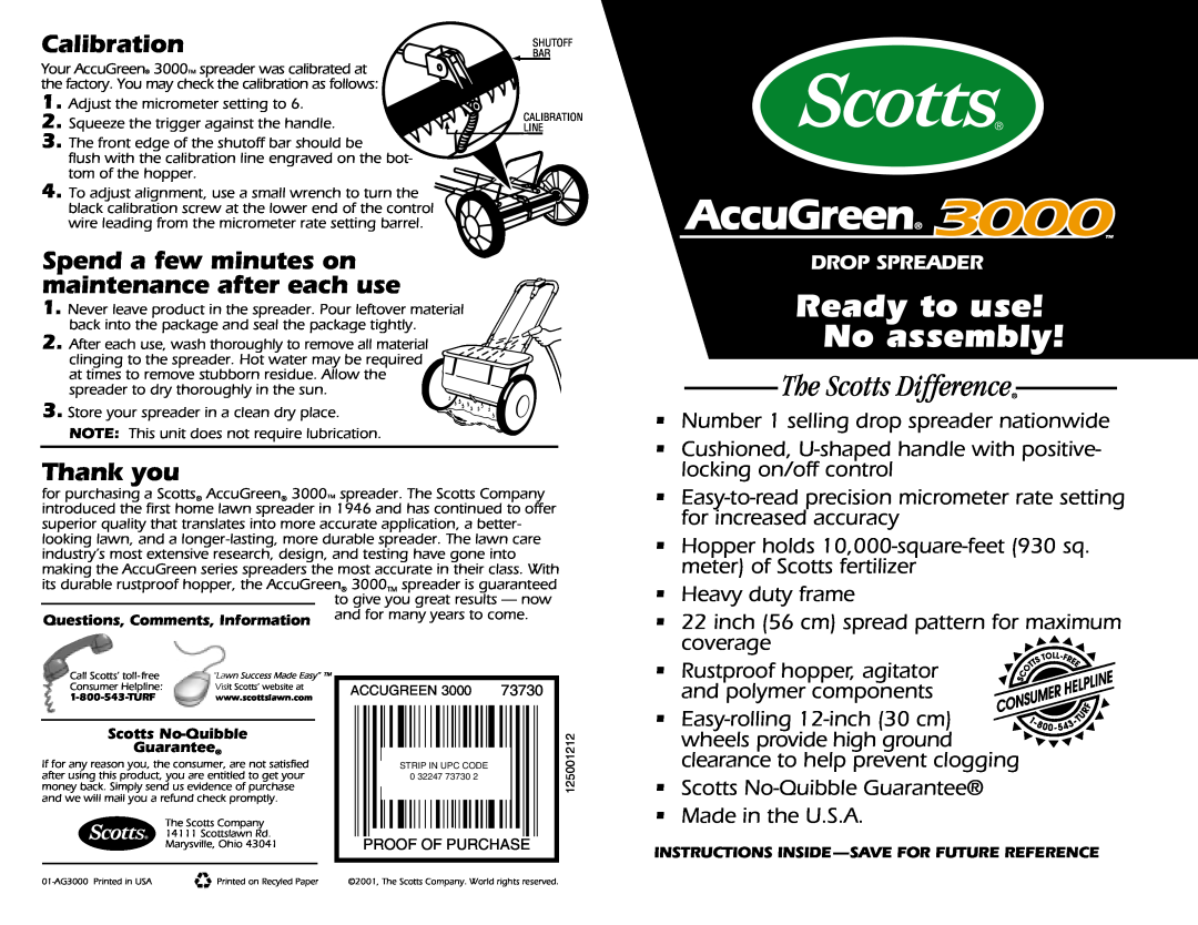 Scotts 3000 manual Calibration, Spend a few minutes on maintenance after each use, Thank you, Ready to use No assembly 