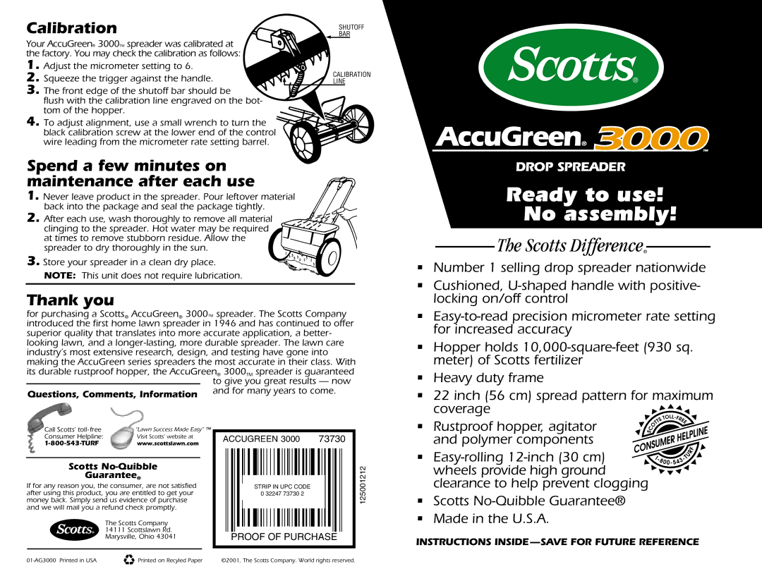 Scotts 3000 manual Calibration, Spend a few minutes on maintenance after each use, Thank you 