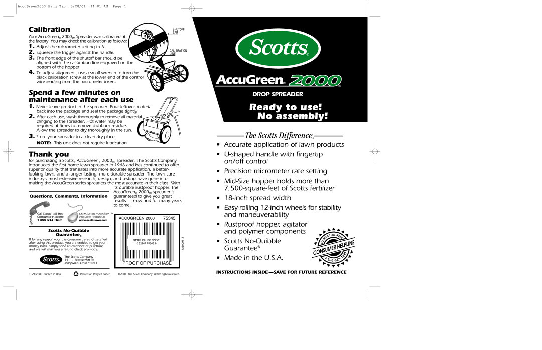 Scotts 75345 manual Calibration, Spend a few minutes on maintenance after each use, Thank you 