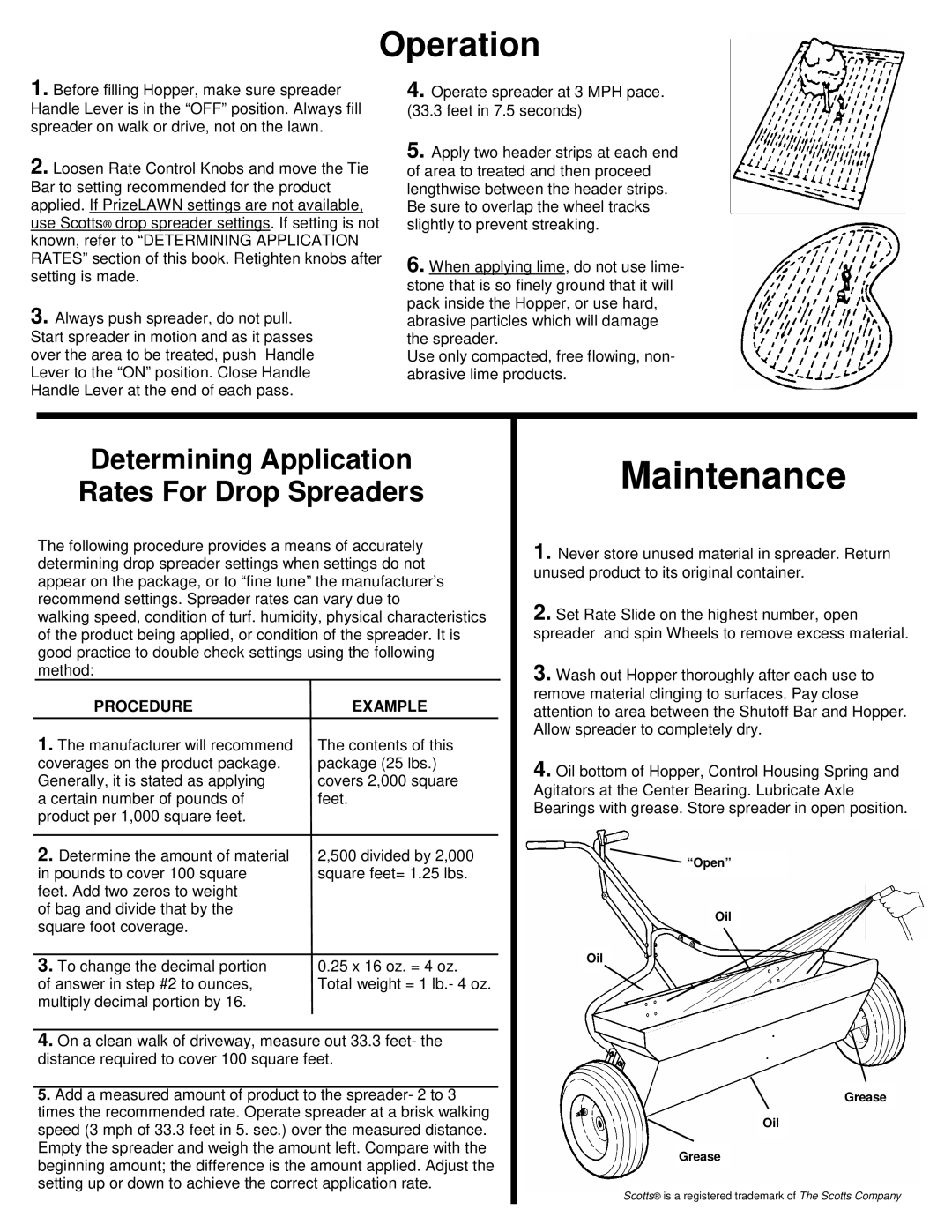 Scotts CD36C owner manual Maintenance, Operation, Determining Application Rates For Drop Spreaders, Procedure 