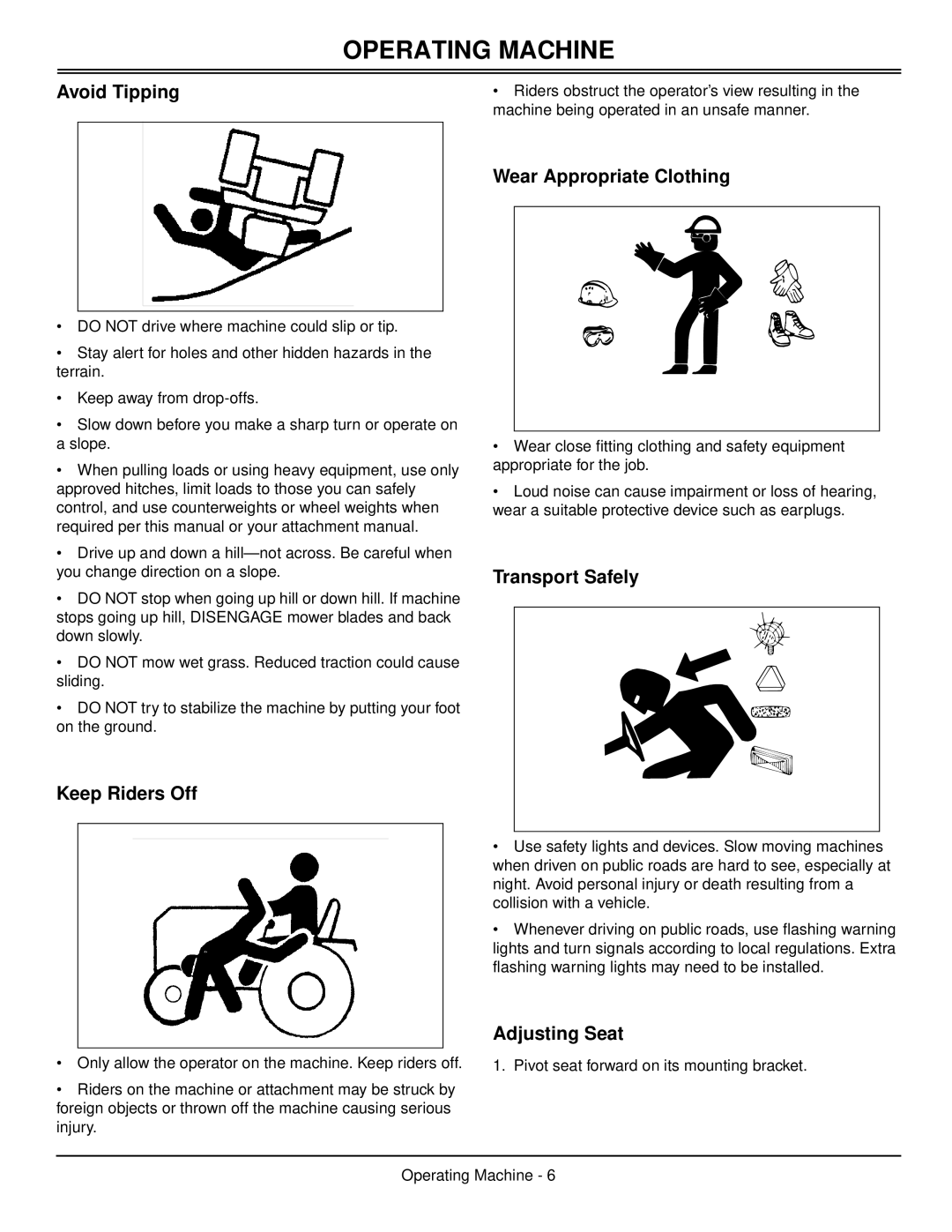 Scotts S1642, S1742, S2046 Avoid Tipping, Wear Appropriate Clothing, Transport Safely, Keep Riders Off, Adjusting Seat 