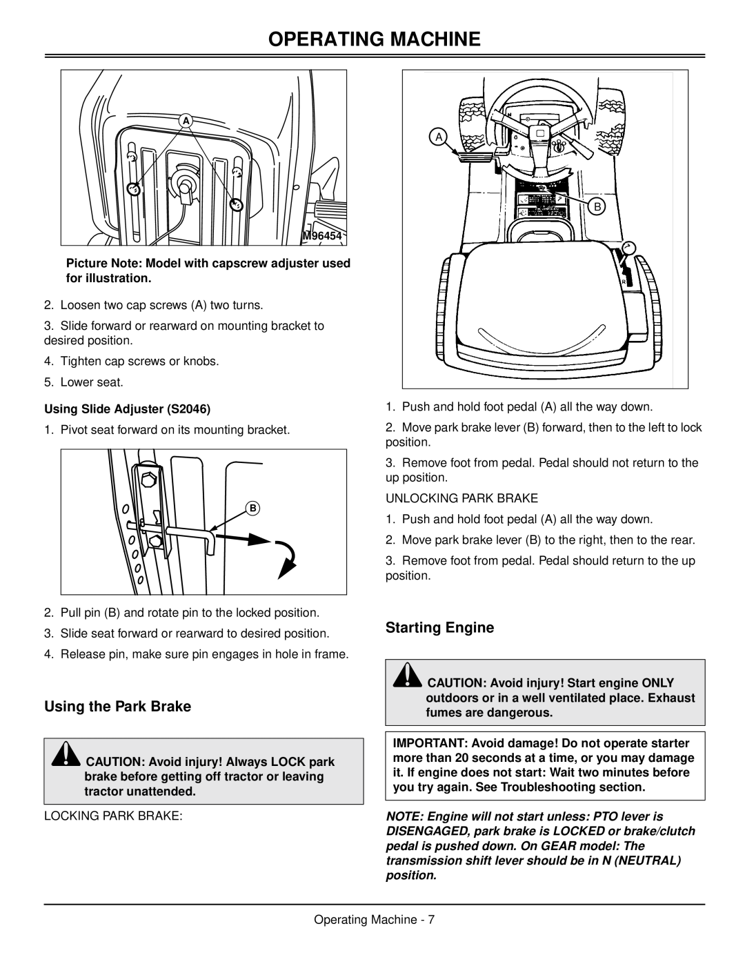 Scotts S1642, S1742, S2046 manual Using the Park Brake, Starting Engine, Operating Machine 