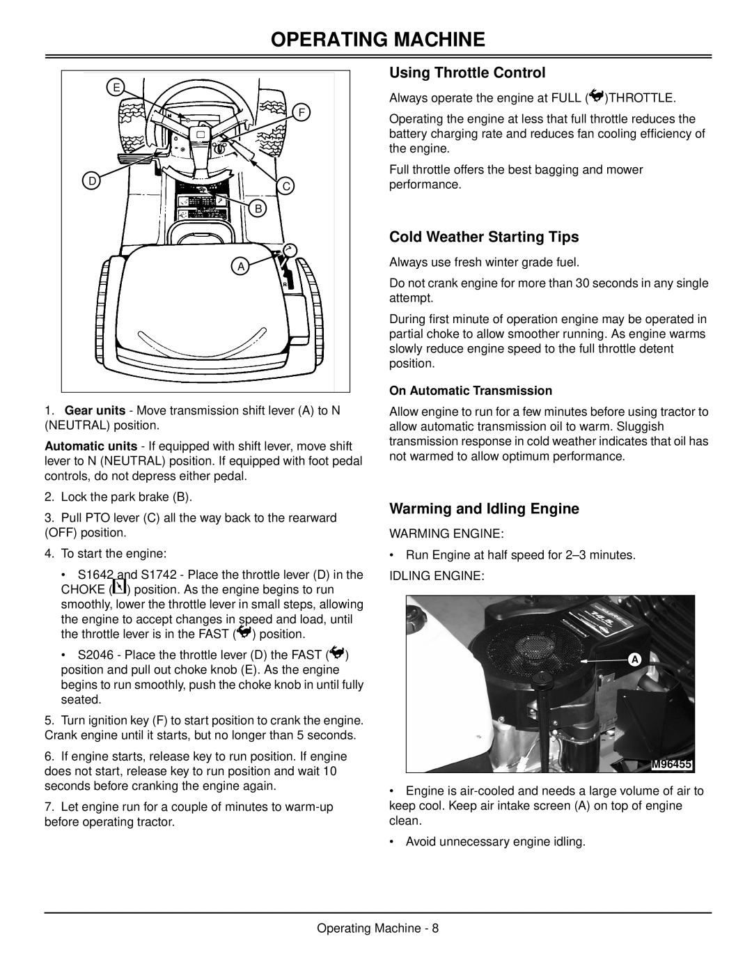 Scotts S1642, S1742, S2046 manual Using Throttle Control, Cold Weather Starting Tips, Warming and Idling Engine 