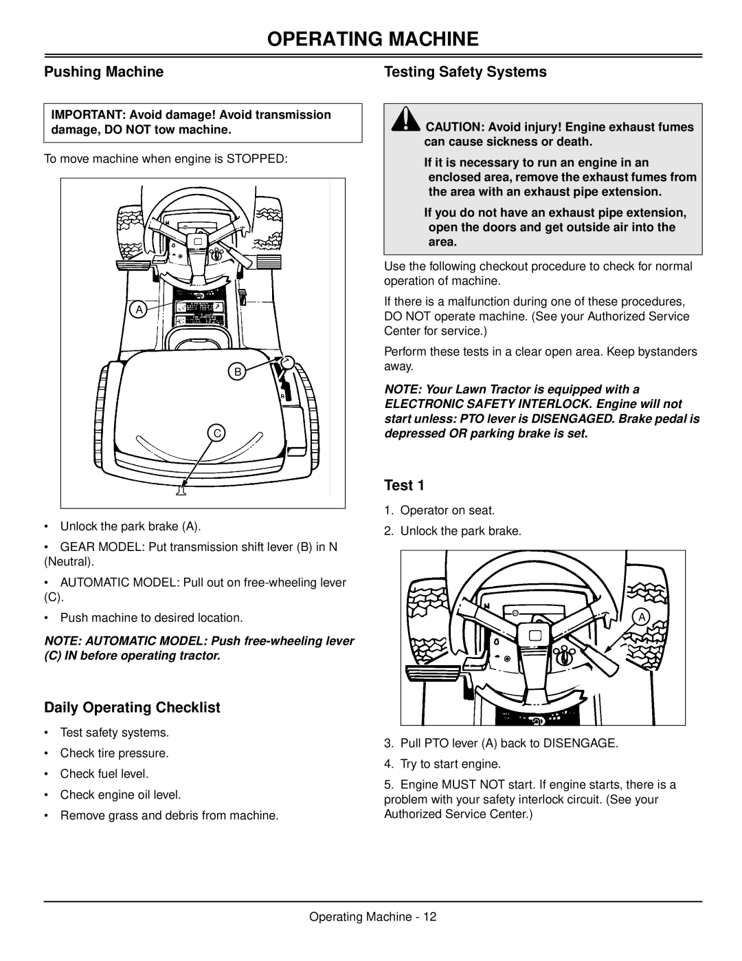 Scotts S1642, S1742, S2046 manual Pushing Machine, Daily Operating Checklist, Testing Safety Systems, Operating Machine 