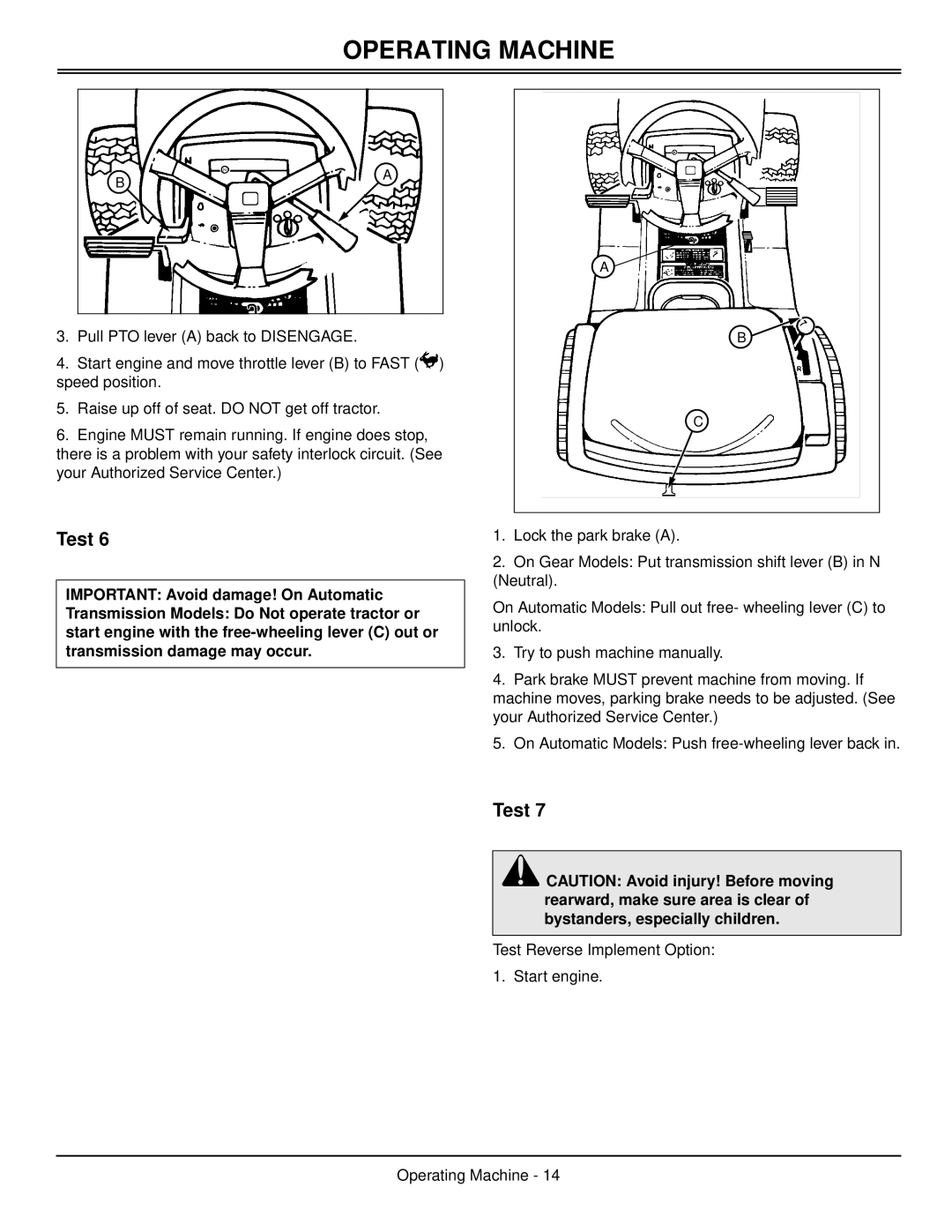 Scotts S1642, S1742, S2046 manual Operating Machine, Test, IMPORTANT Avoid damage! On Automatic 