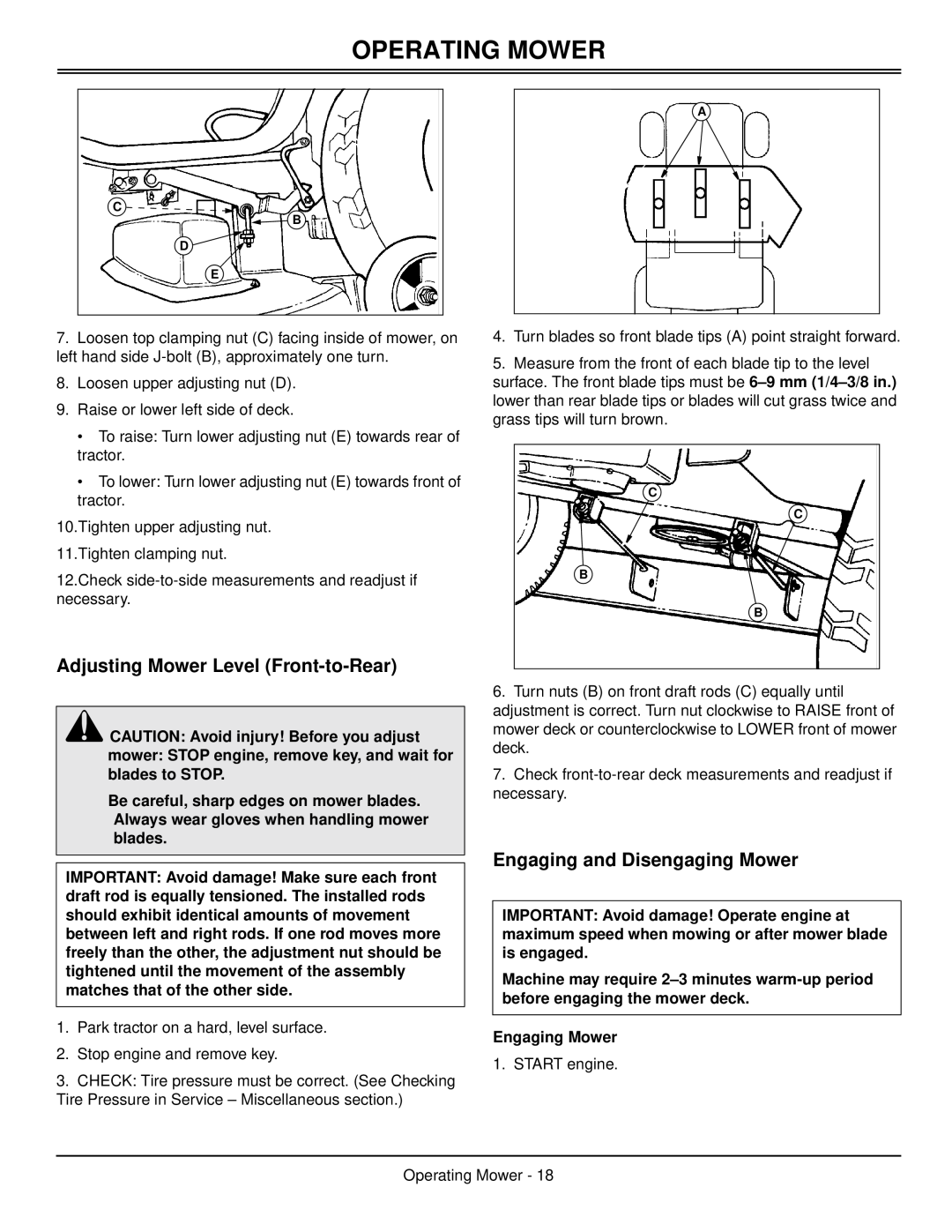 Scotts S1642, S1742, S2046 manual Adjusting Mower Level Front-to-Rear, Engaging and Disengaging Mower, Operating Mower 