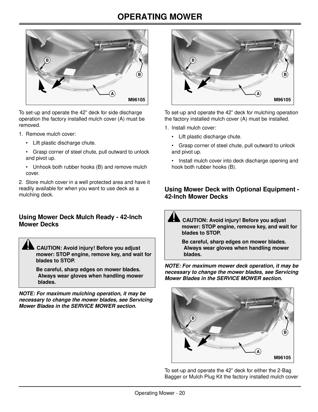 Scotts S1642, S1742, S2046 manual Using Mower Deck Mulch Ready - 42-Inch Mower Decks, Operating Mower 
