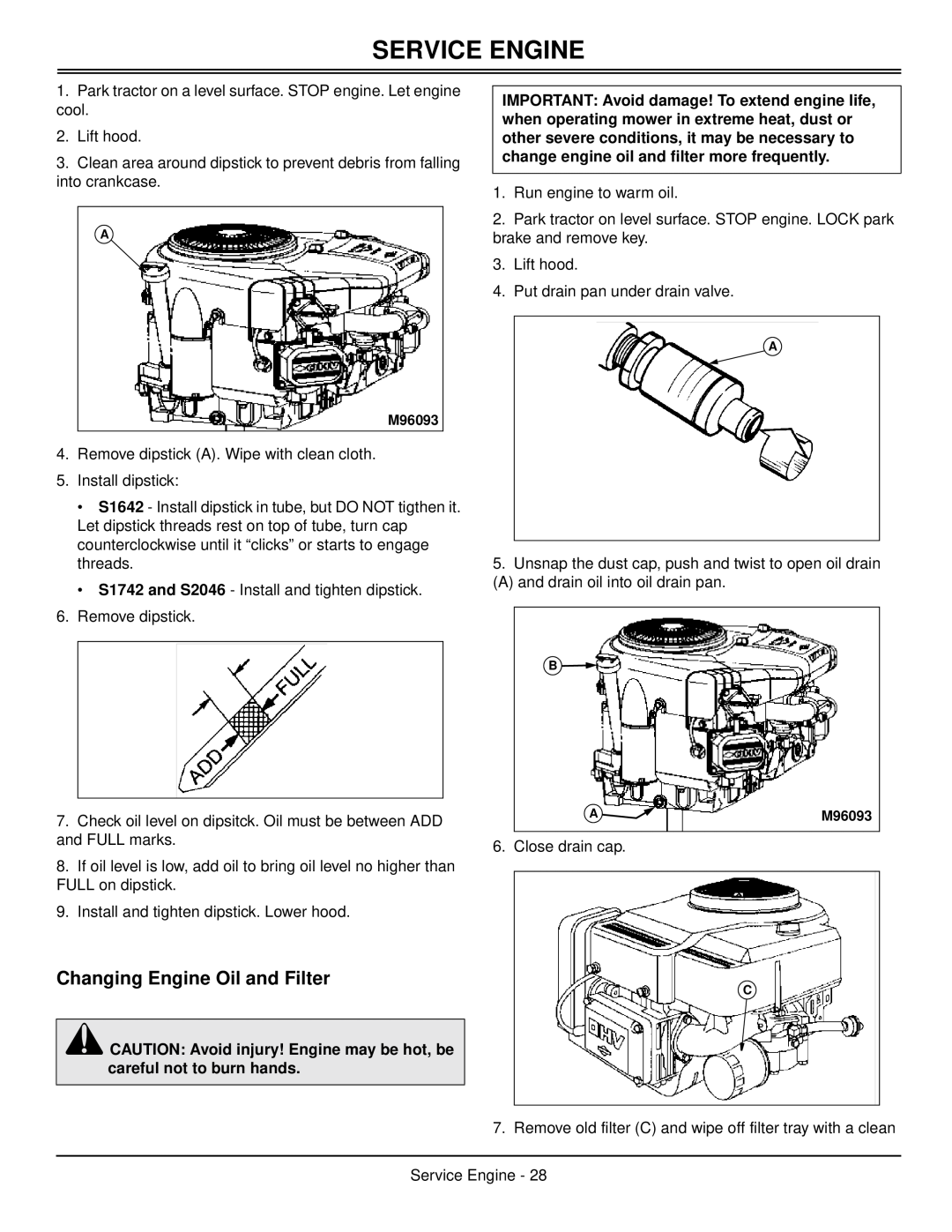 Scotts S1642, S1742, S2046 manual Changing Engine Oil and Filter, Service Engine 