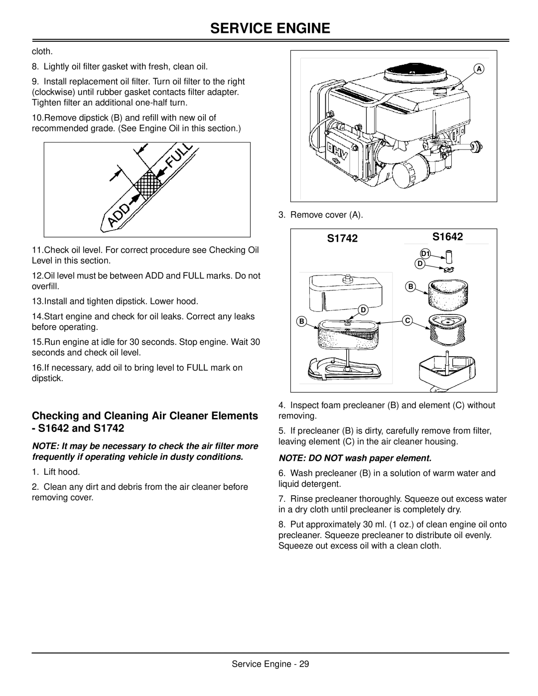 Scotts S1642, S1742, S2046 manual Checking and Cleaning Air Cleaner Elements - S1642 and S1742, S1742S1642, Service Engine 