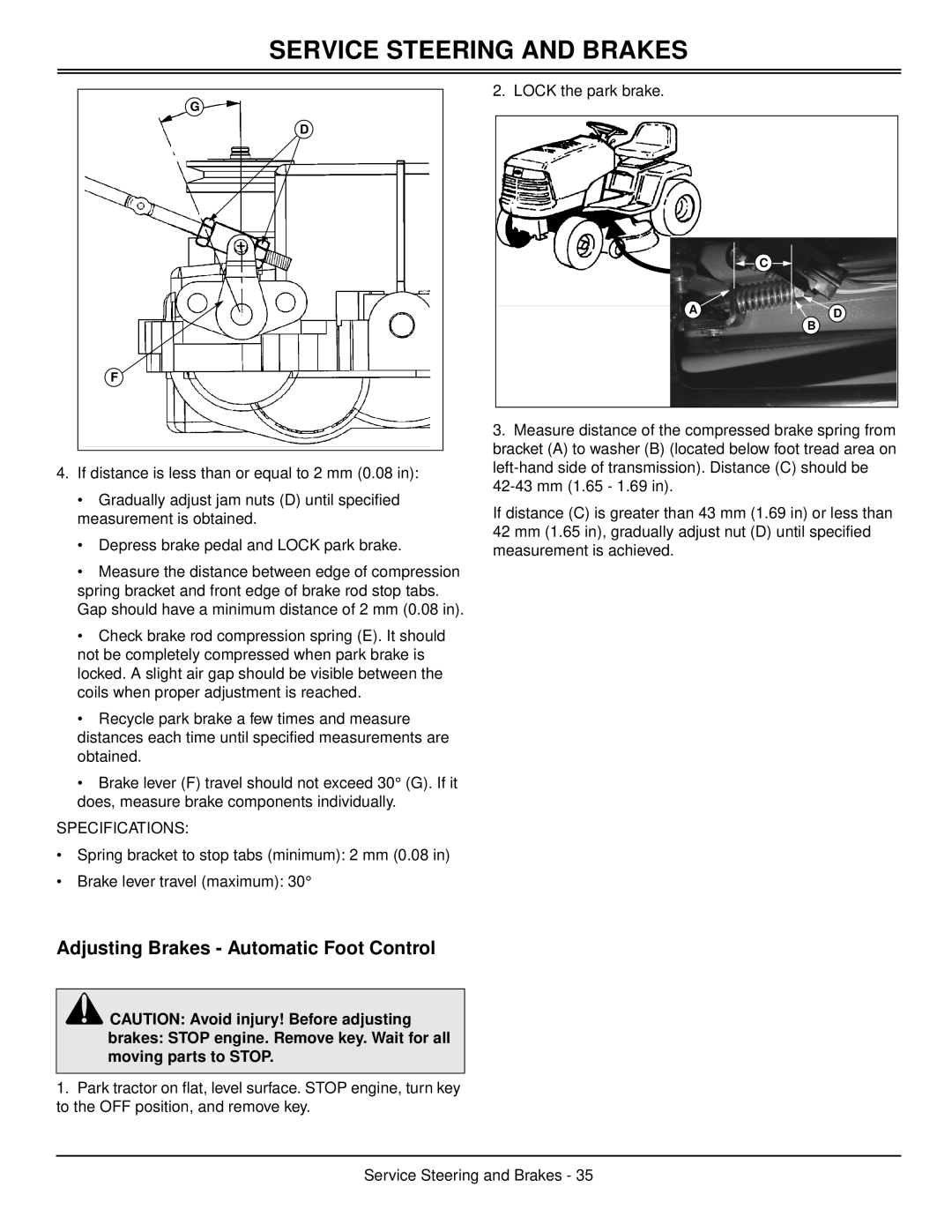 Scotts S1642, S1742, S2046 manual Adjusting Brakes - Automatic Foot Control, Service Steering And Brakes, G D F 