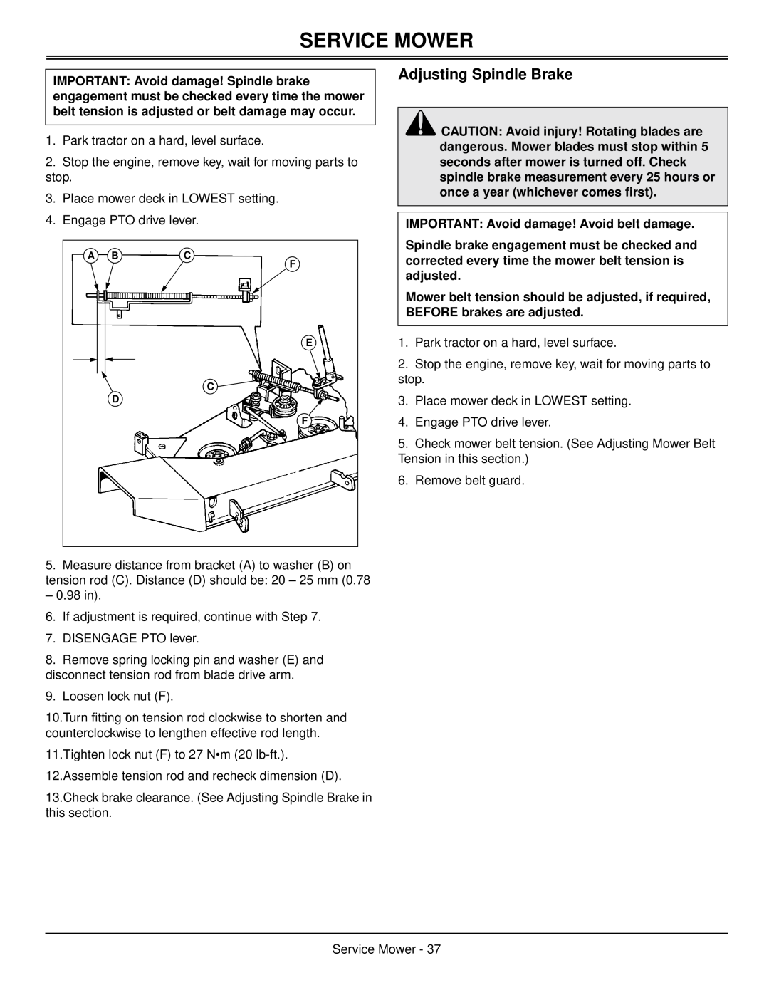 Scotts S1642, S1742, S2046 manual Adjusting Spindle Brake, Service Mower 