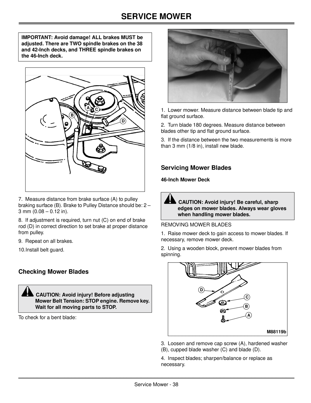 Scotts S1642, S1742, S2046 manual Servicing Mower Blades, Checking Mower Blades, Service Mower, M88119b 