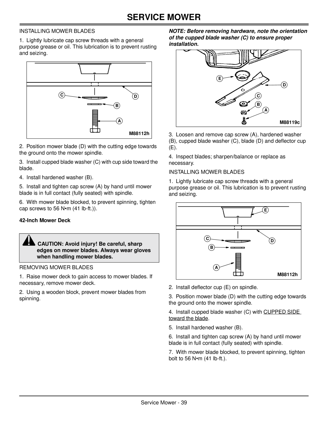 Scotts S1642, S1742, S2046 manual Service Mower, Cd B A, E D C B A, E C D B A 