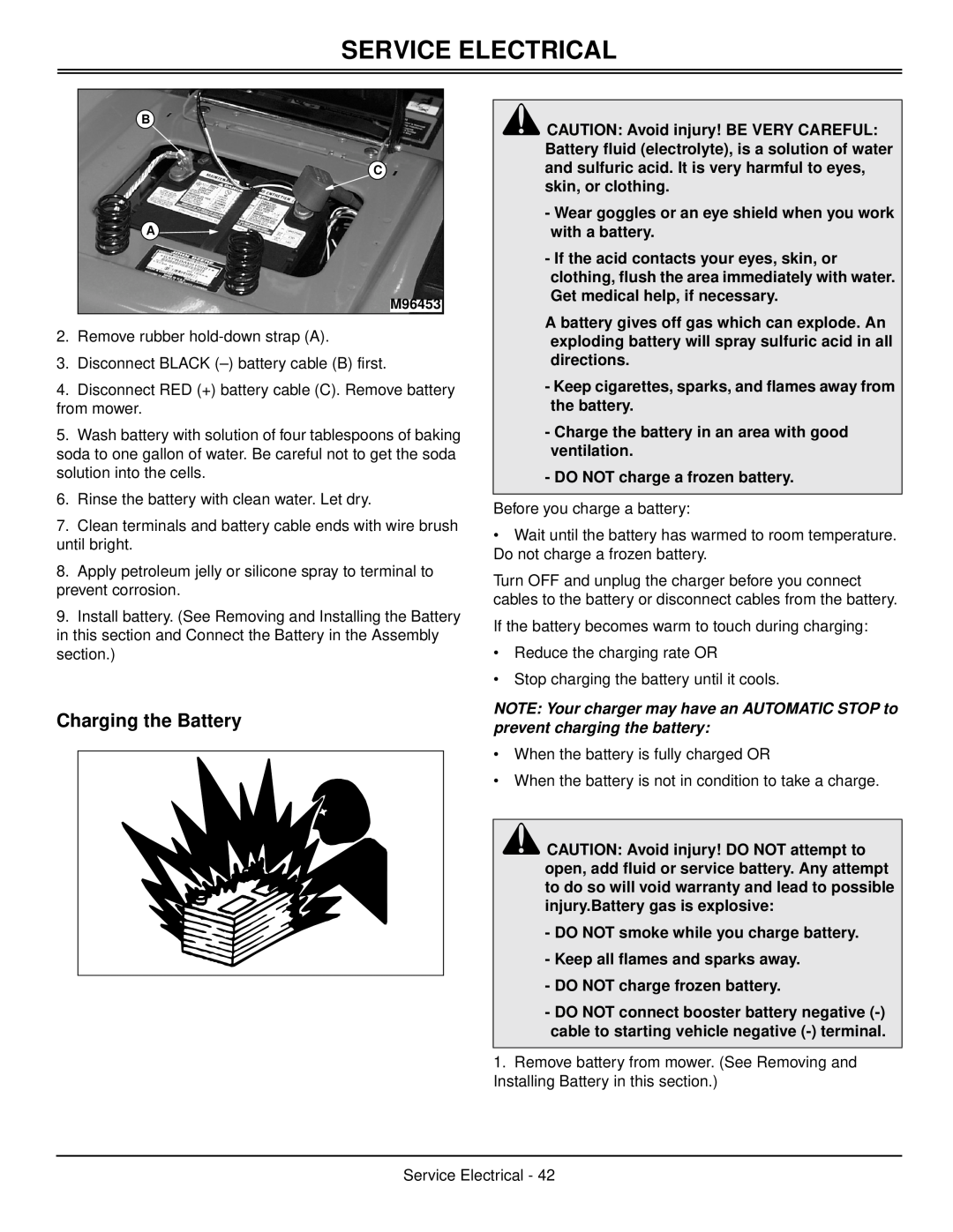 Scotts S1642, S1742, S2046 manual Charging the Battery, Service Electrical 